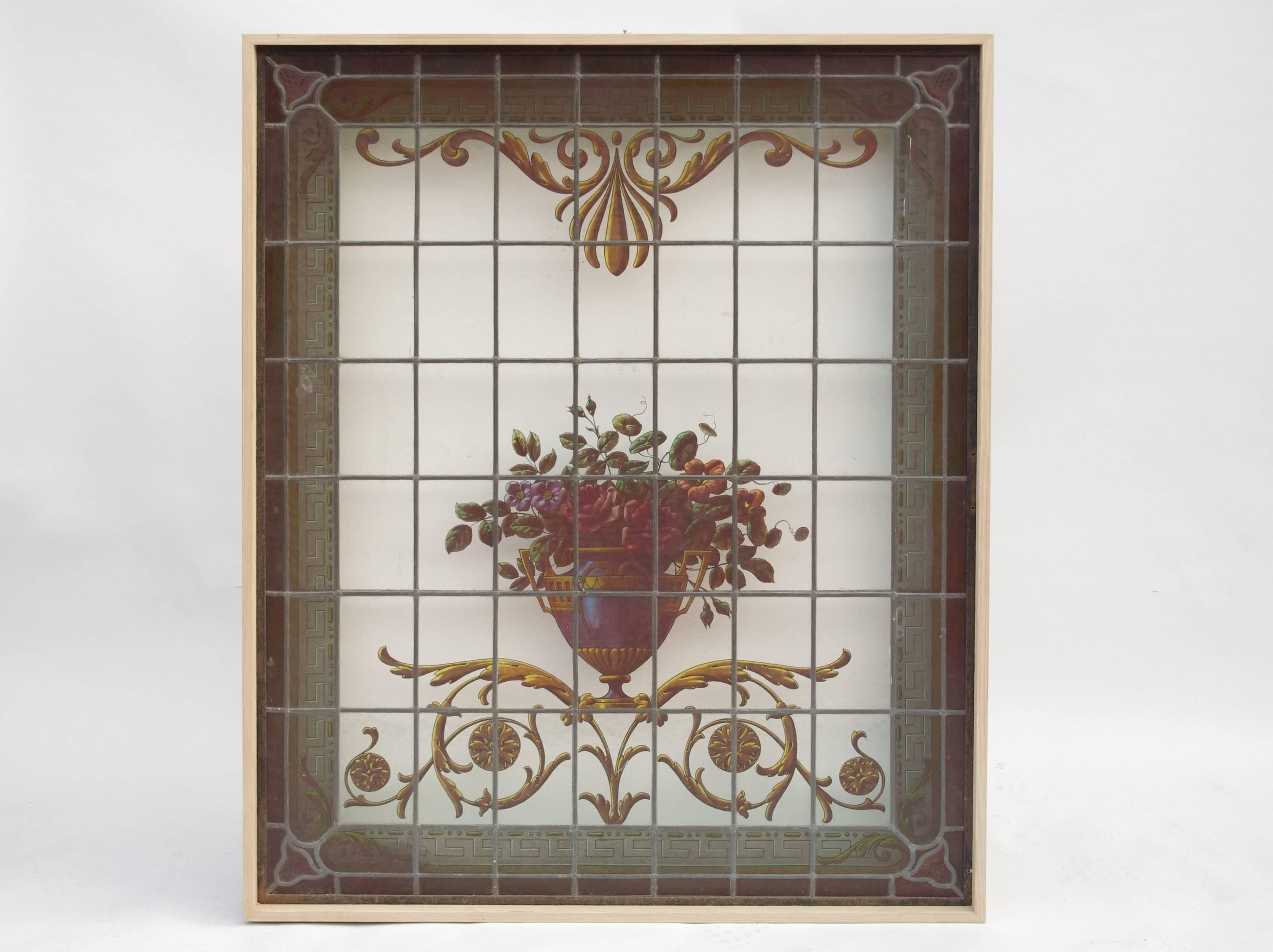 Art Nouveau Ligthed Stained glass window with a decor of flowers, circa 1880