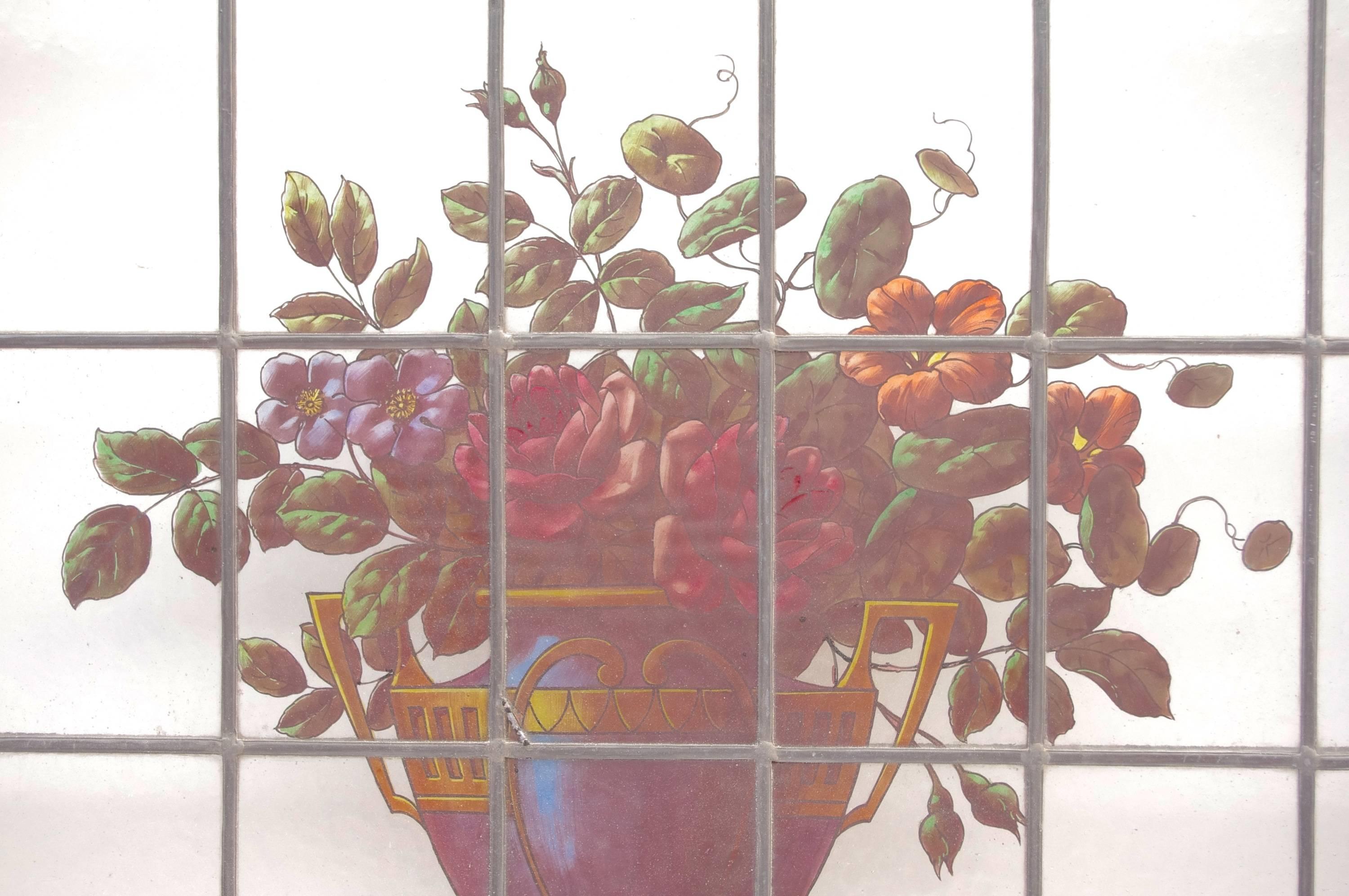 French Ligthed Stained glass window with a decor of flowers, circa 1880