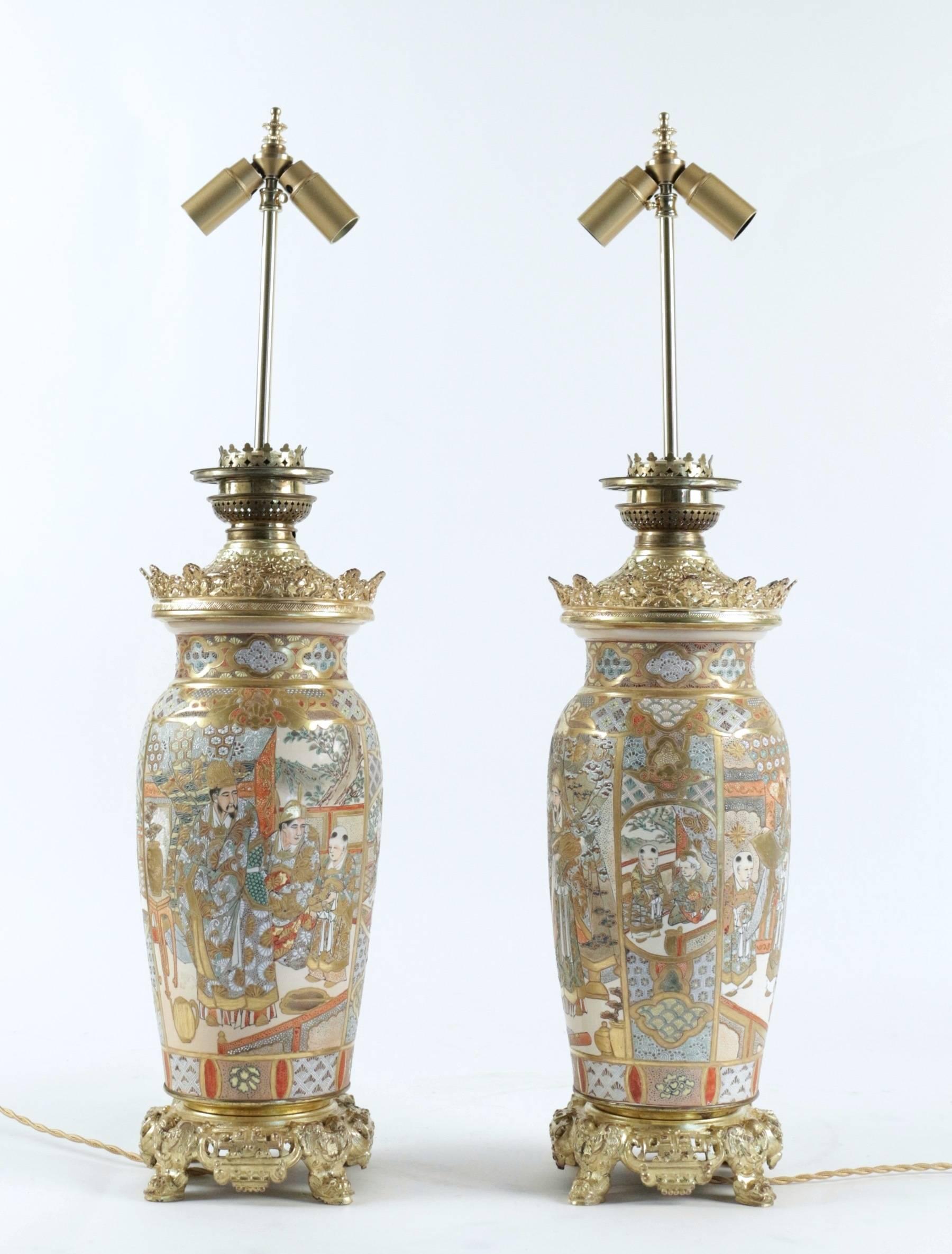 Fine faïence lamps
Mounted in gilt bronze
Made for electricity
Palace interior scene decor
circa 1880
Made for electricity, we can wire them for the U.S