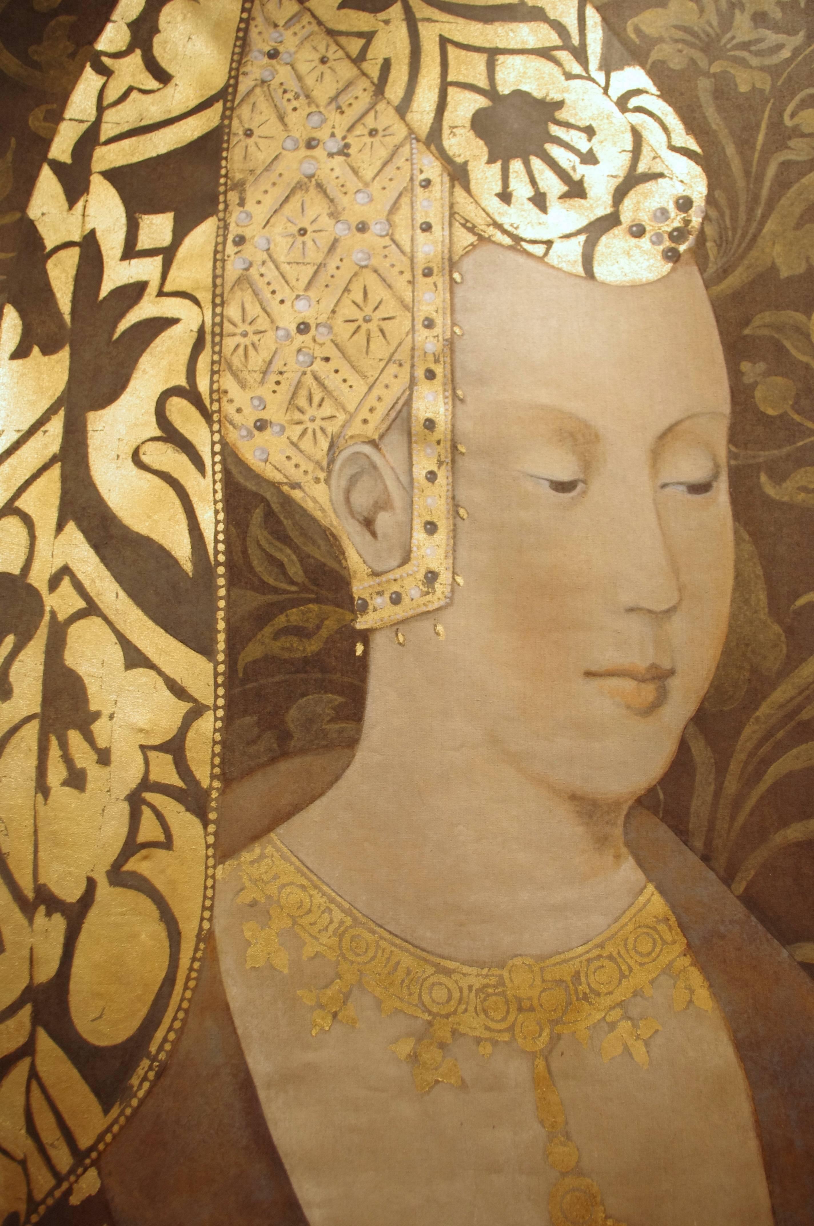 - On linen
- Hand-painted
- French work
- Renaissance style
- Gold leaf highlights.