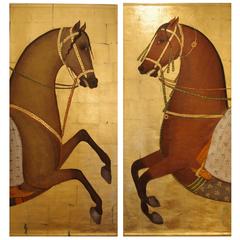 Pair of Arabic Horses, Painted on Linen with Gold Leaves Background
