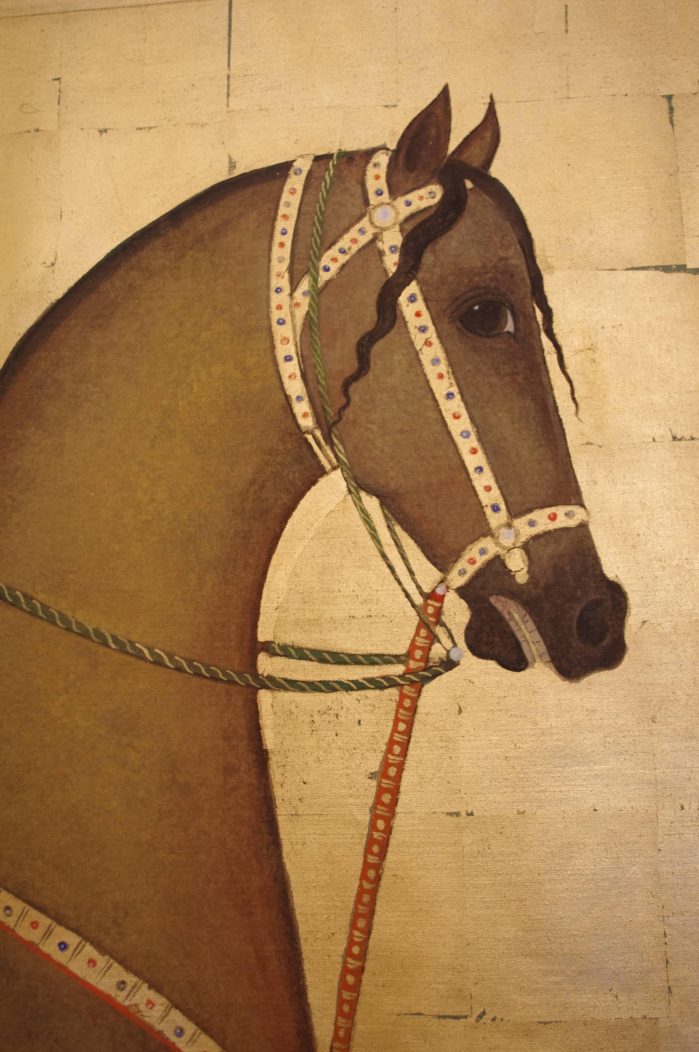 French Pair of Arabic Horses, Painted on Linen with Gold Leaves Background