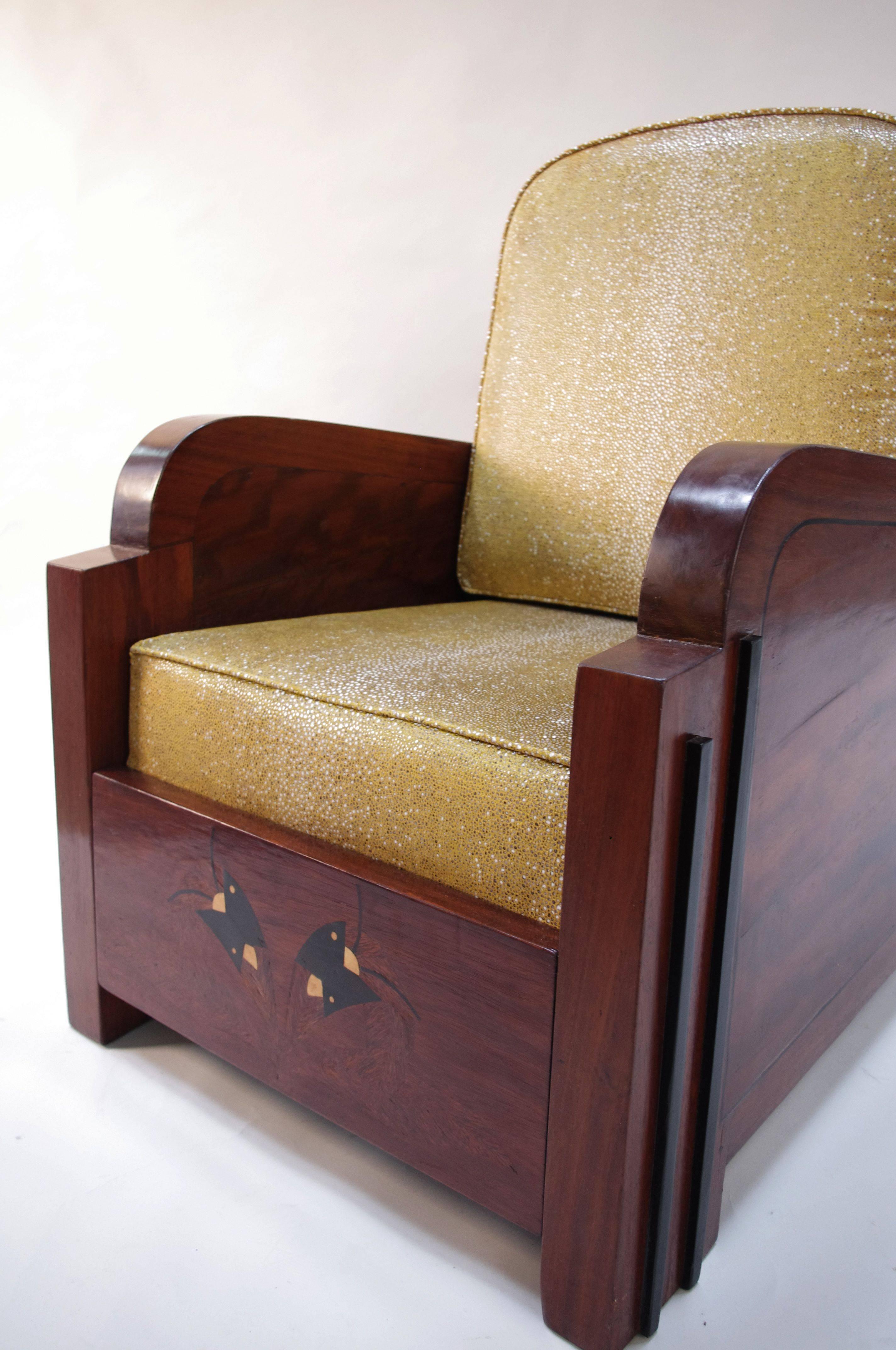 Marquetry Pair of Large and Art-Deco Period Armchairs, c.1920-1930 For Sale