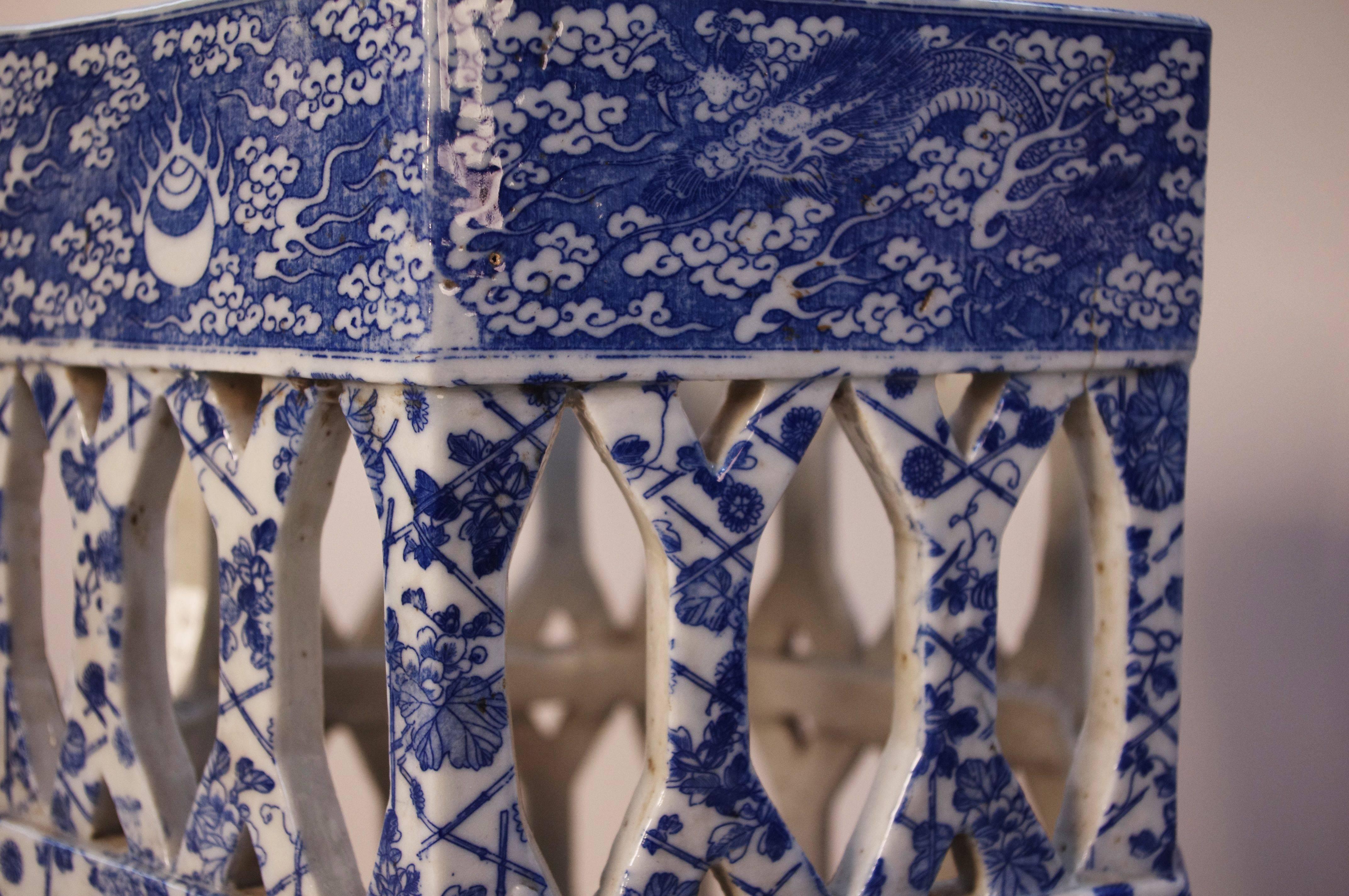 Chinese Export Hexagonal Blue and White Chinese Porcelain Umbrella Stand, circa 1880