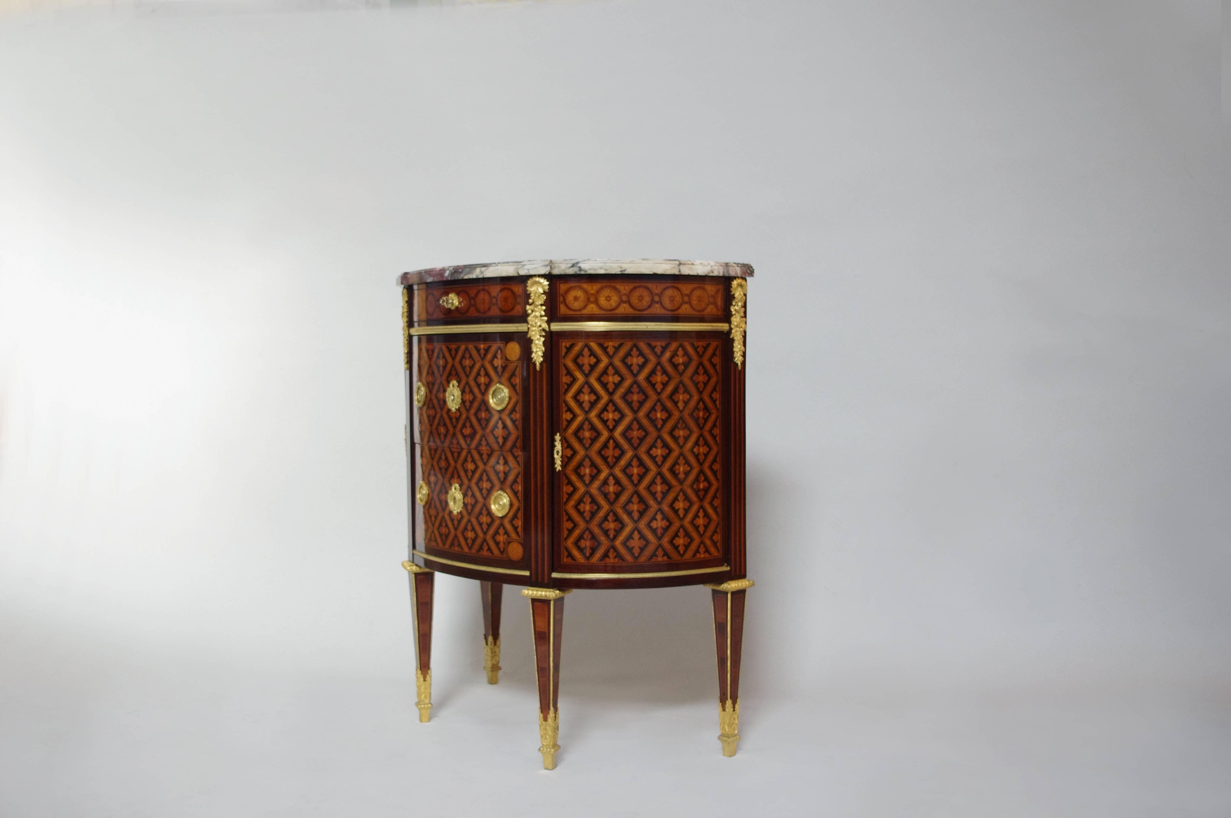 Louis XVI False Pair of Half-Moon Little Marquetry Commodes Stamped Paul Sormani
