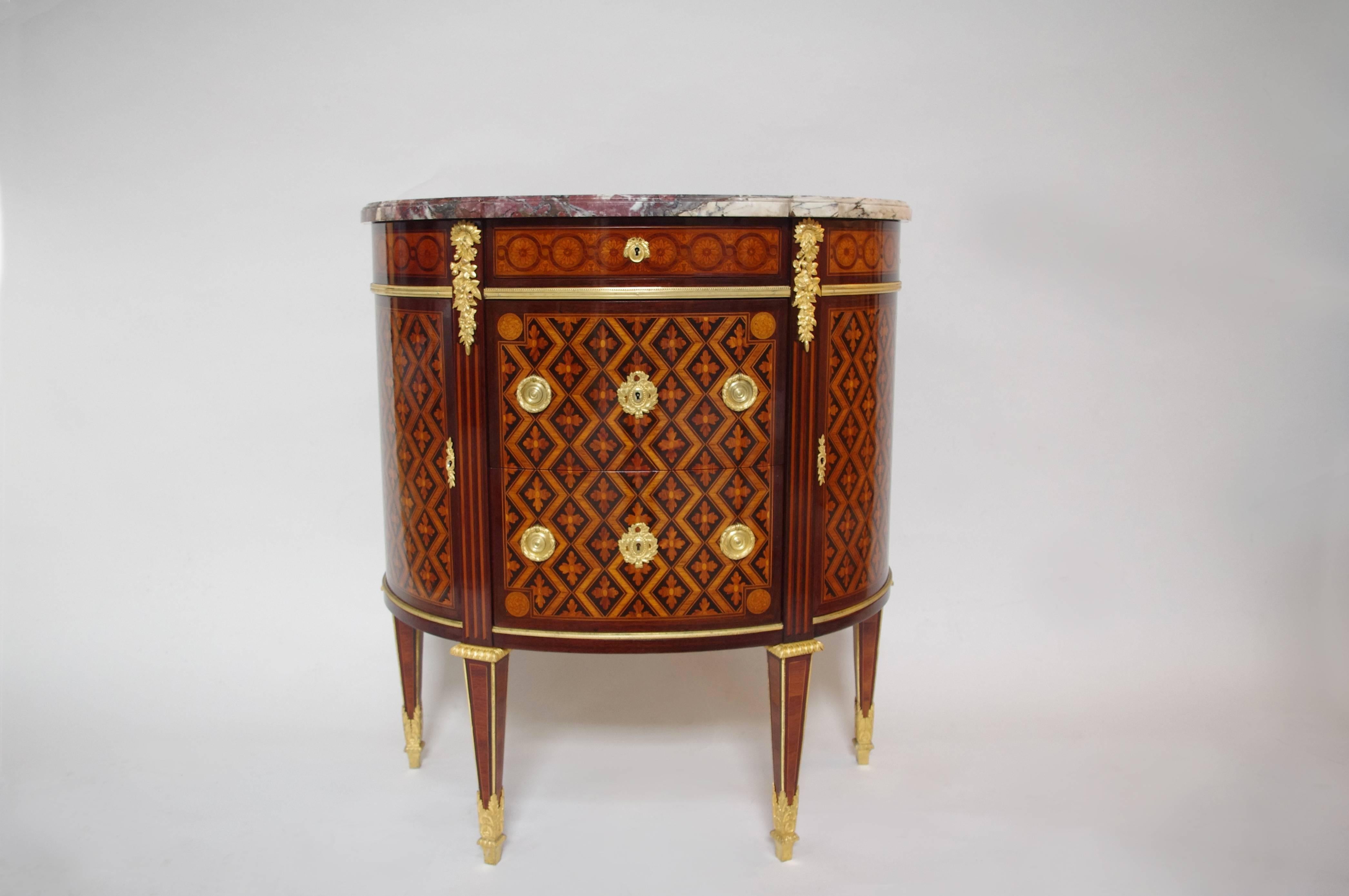 Gilt False Pair of Half-Moon Little Marquetry Commodes Stamped Paul Sormani