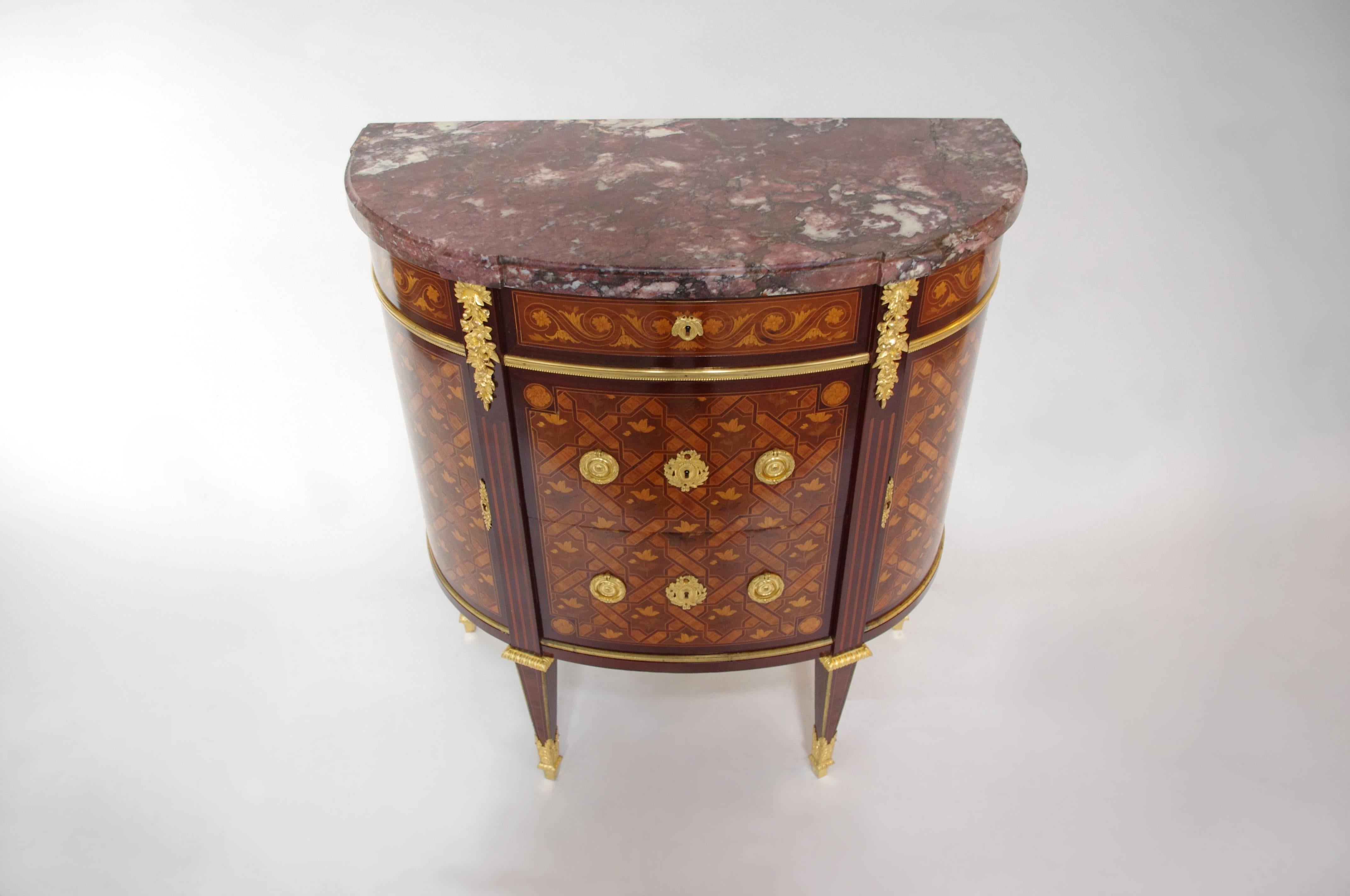 False Pair of Half-Moon Little Marquetry Commodes Stamped Paul Sormani 1