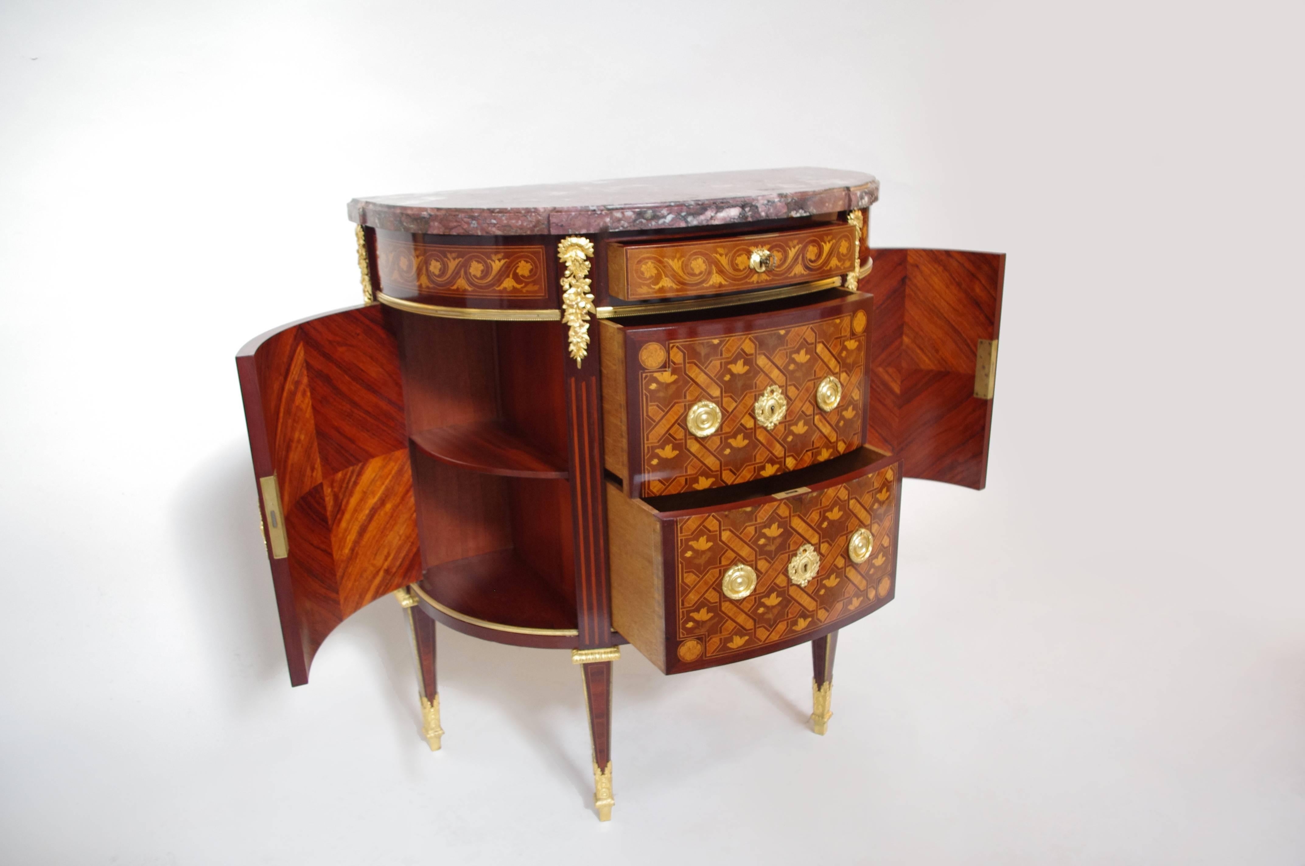 Bronze False Pair of Half-Moon Little Marquetry Commodes Stamped Paul Sormani