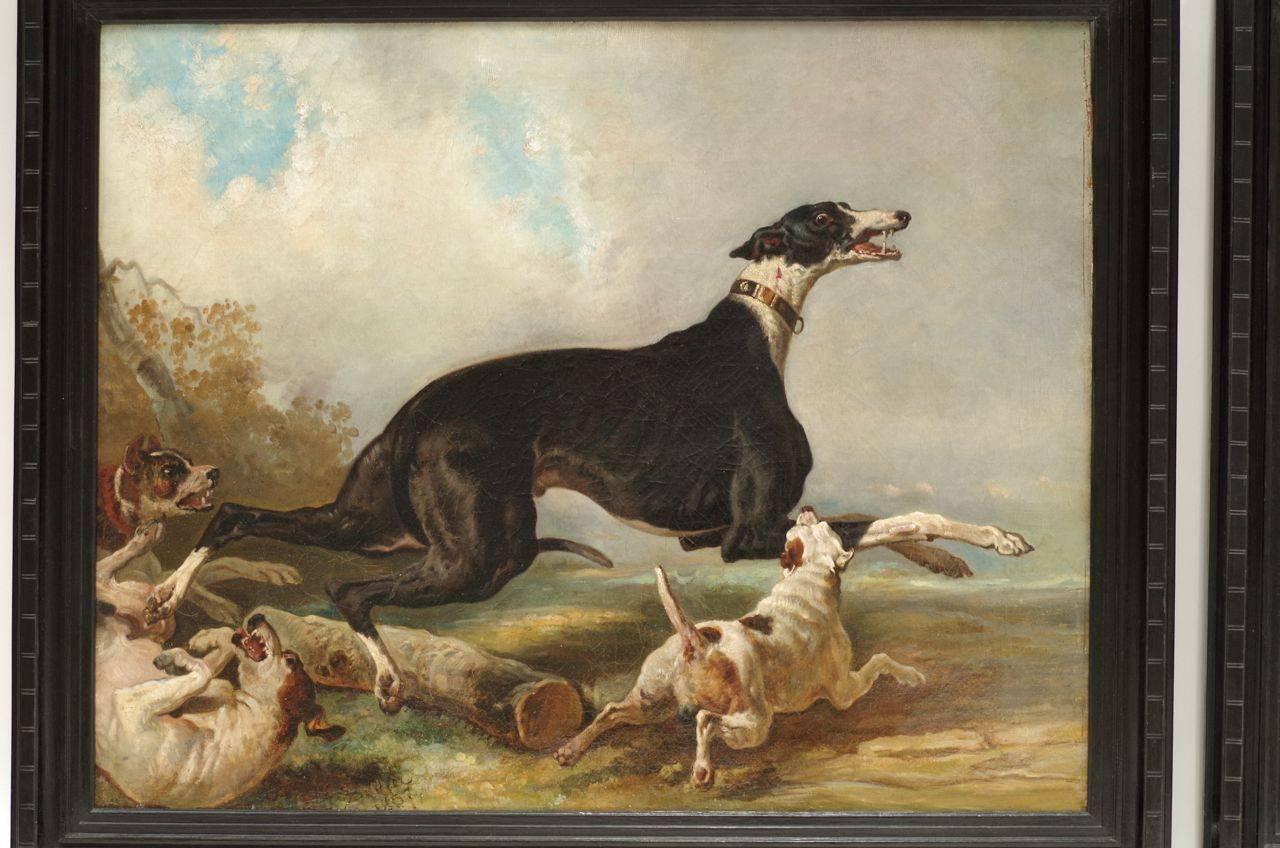Representing hunting dogs
Oil on canvas
Black wooden frame
Signed on the bottom lower left J.BULFFER and dated 1857.
