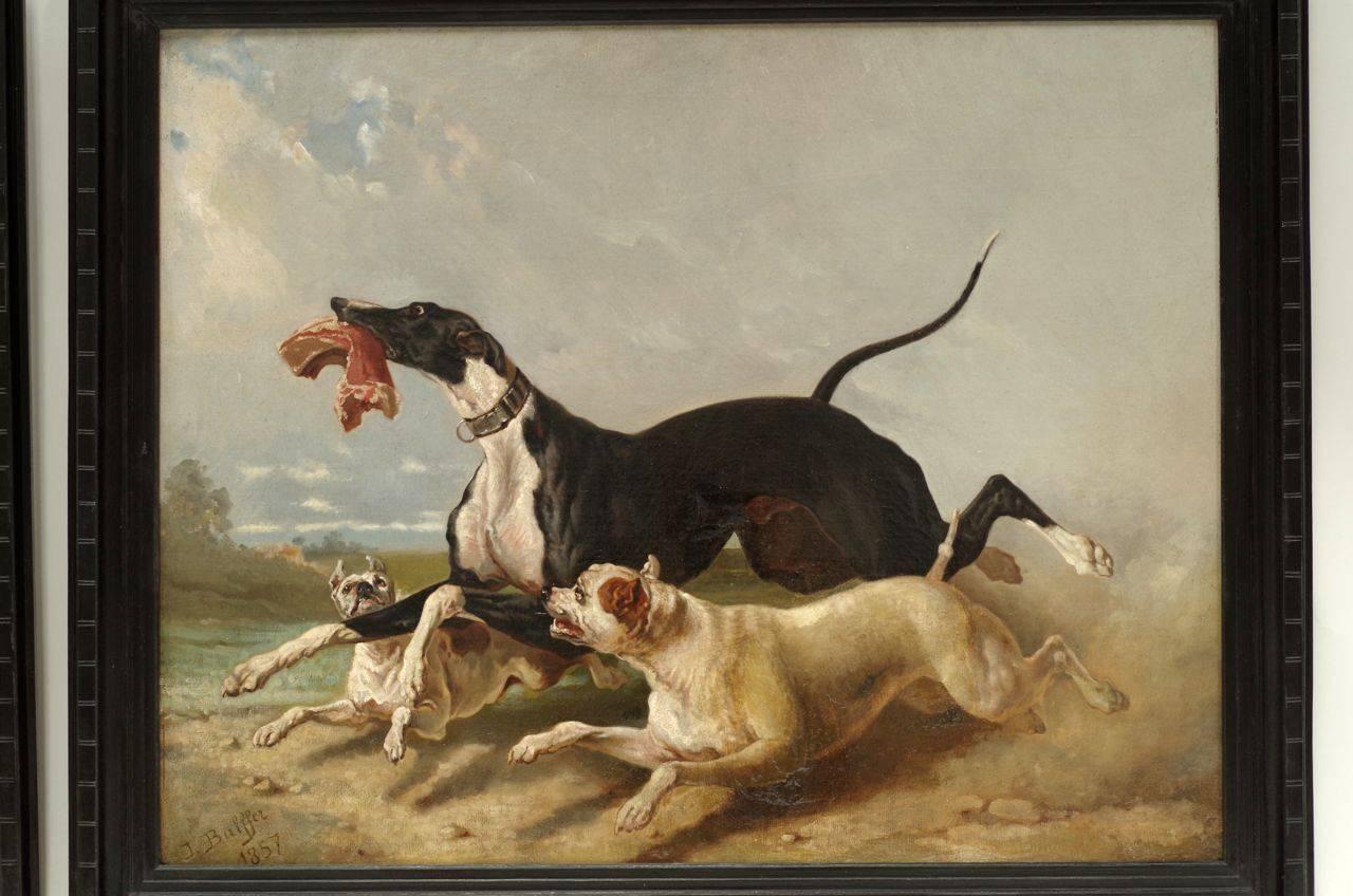 Hand-Painted Pair of Paintings, Oil on Canvas, Signed J.Bulffer and Dated 1857
