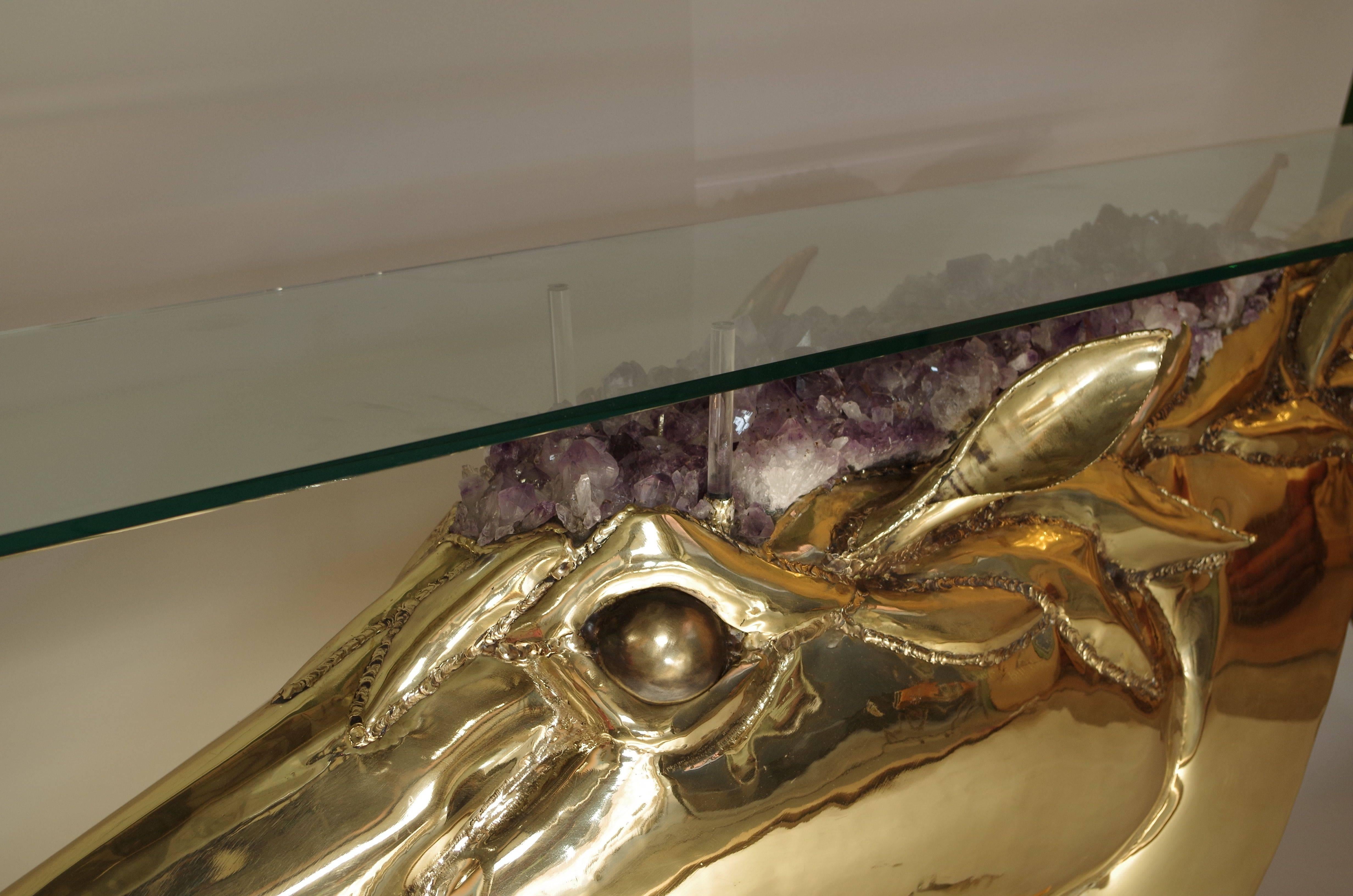 Modern Horse Head Console in Gilt Brass and Amethyst by French Artist Duval Brasseur