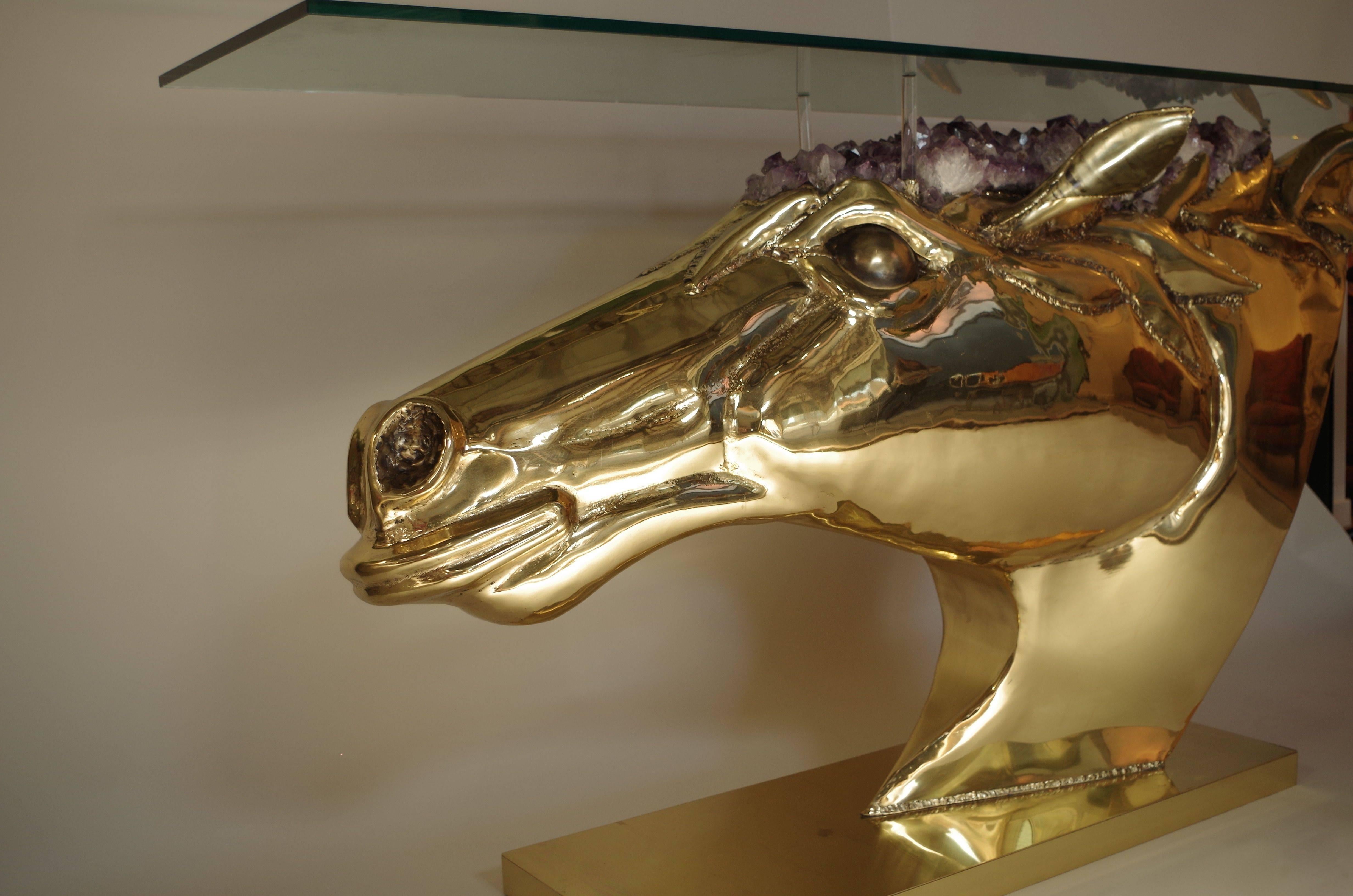 Horse Head Console in Gilt Brass and Amethyst by French Artist Duval Brasseur In Excellent Condition In Saint-Ouen, FR