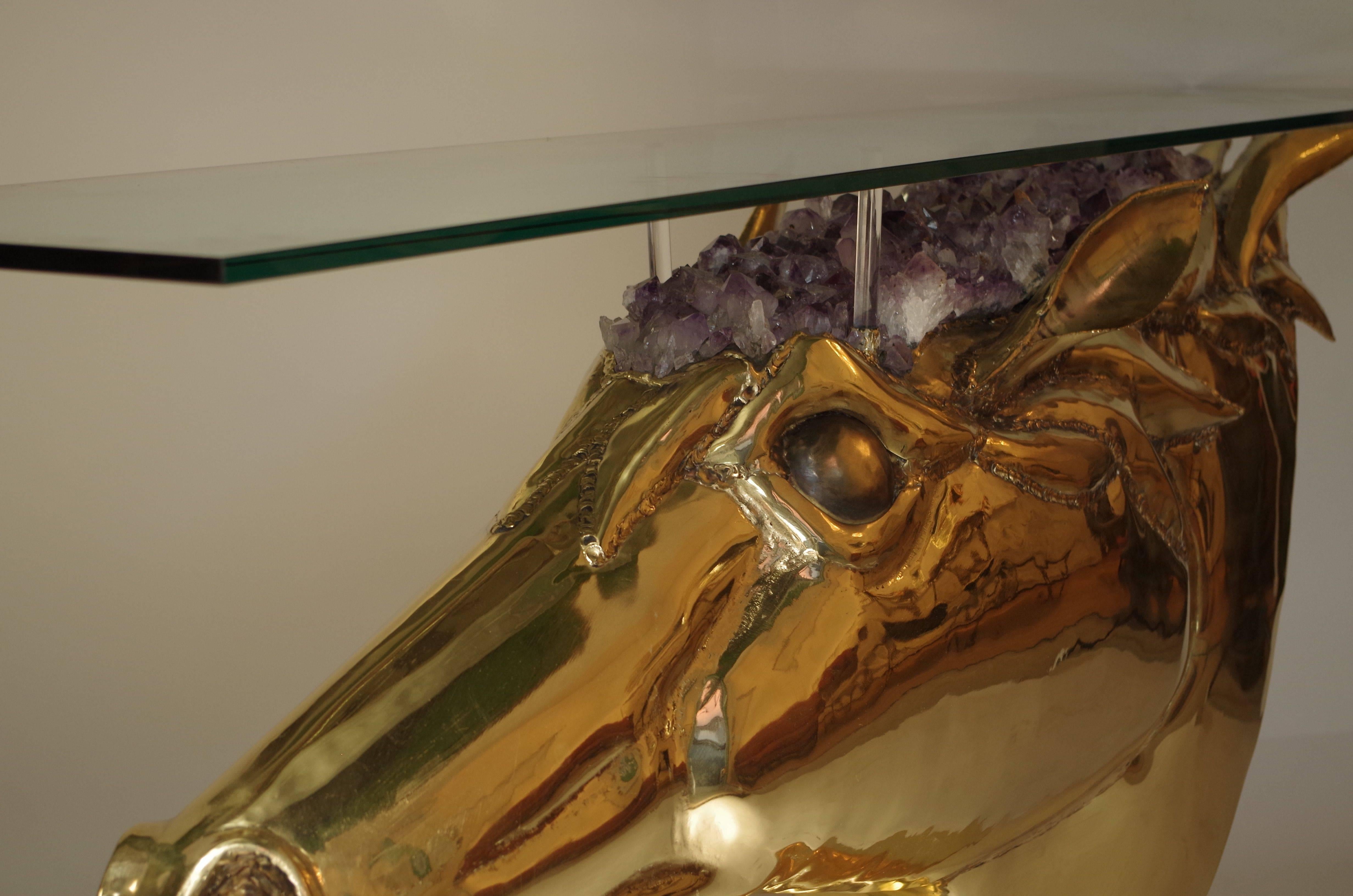 Horse Head Console in Gilt Brass and Amethyst by French Artist Duval Brasseur 1