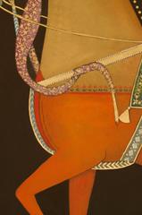 Ritratto equestre dipinto su lino con foglia d'oro da un artista francese