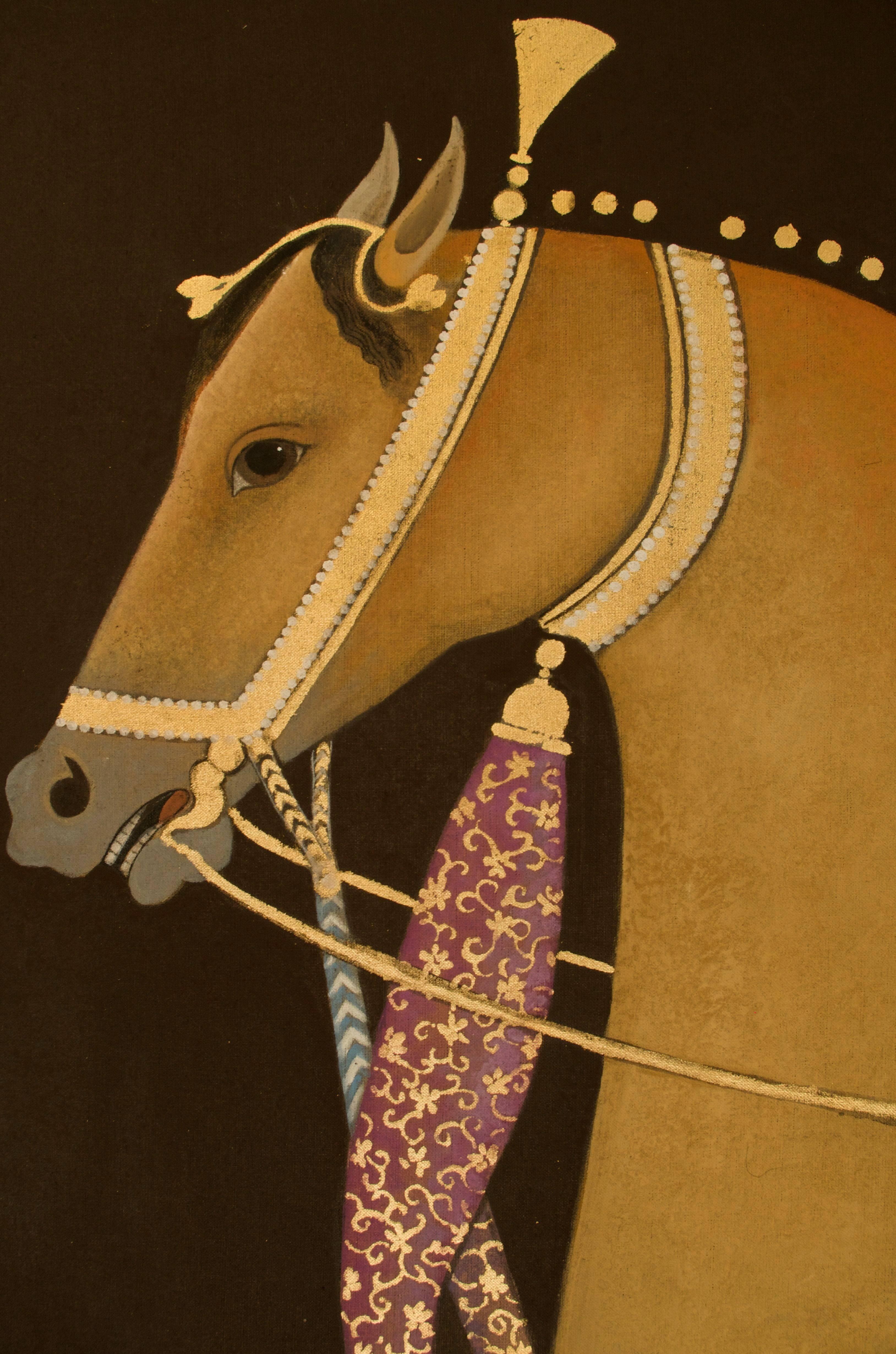 Gilt Equestrian Portrait Painted on Linen with Gold Leaf by French Artist For Sale