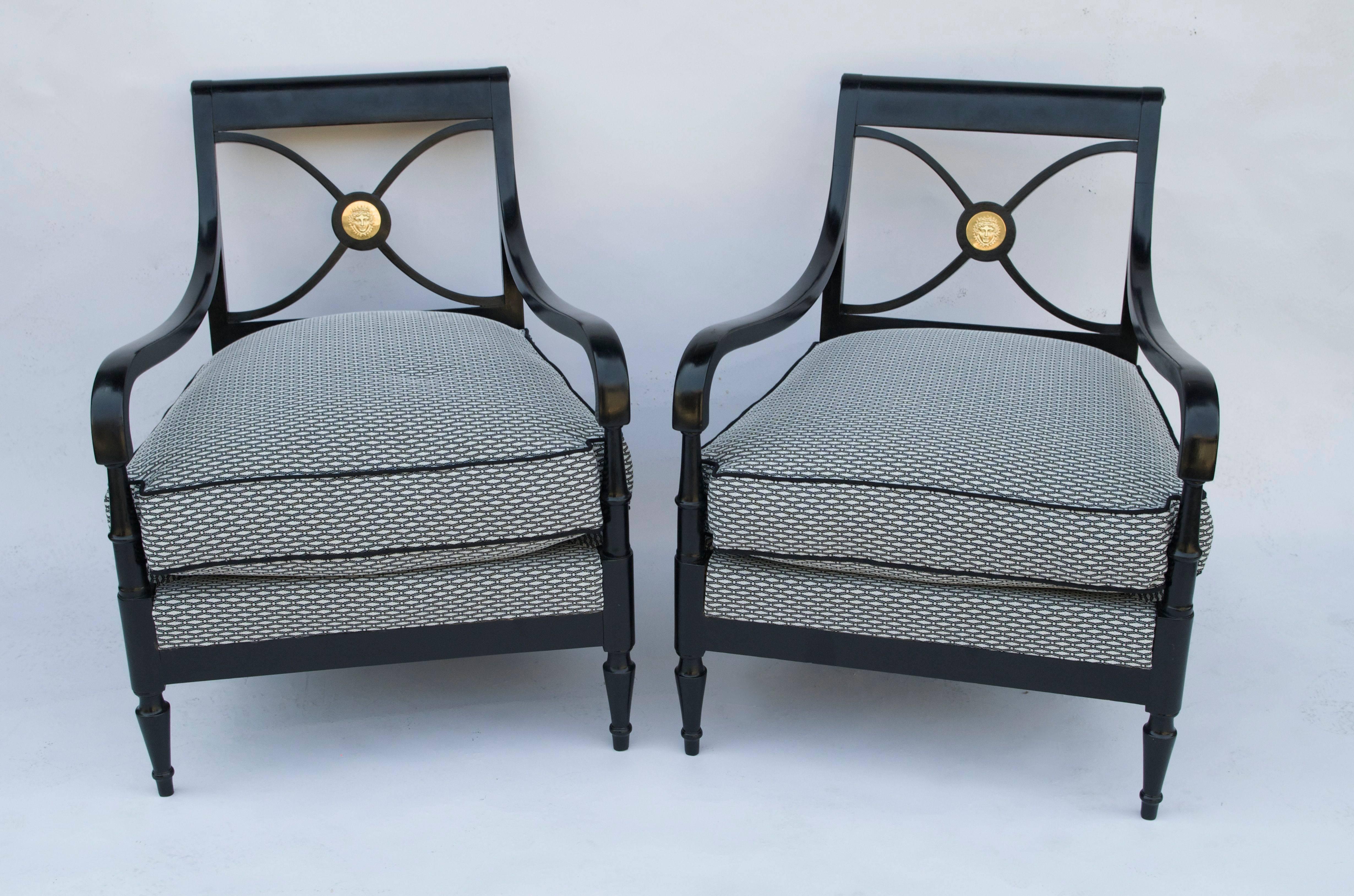 Pair of Empire Style Black Lacquered Armchairs, Maison Jansen, 1940 1