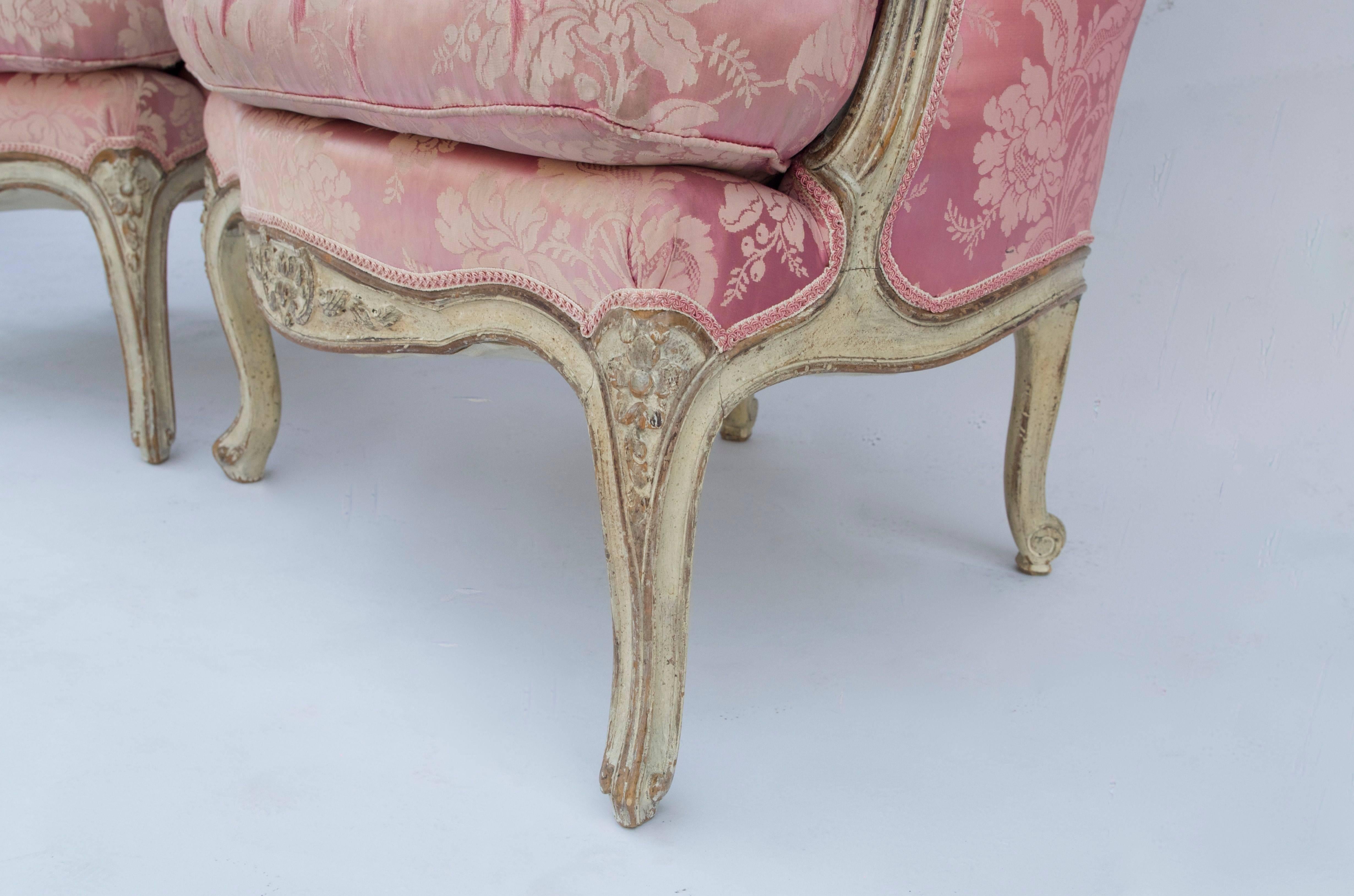 Fabric Pair of Louis XV Style Cream Lacquer Bergères