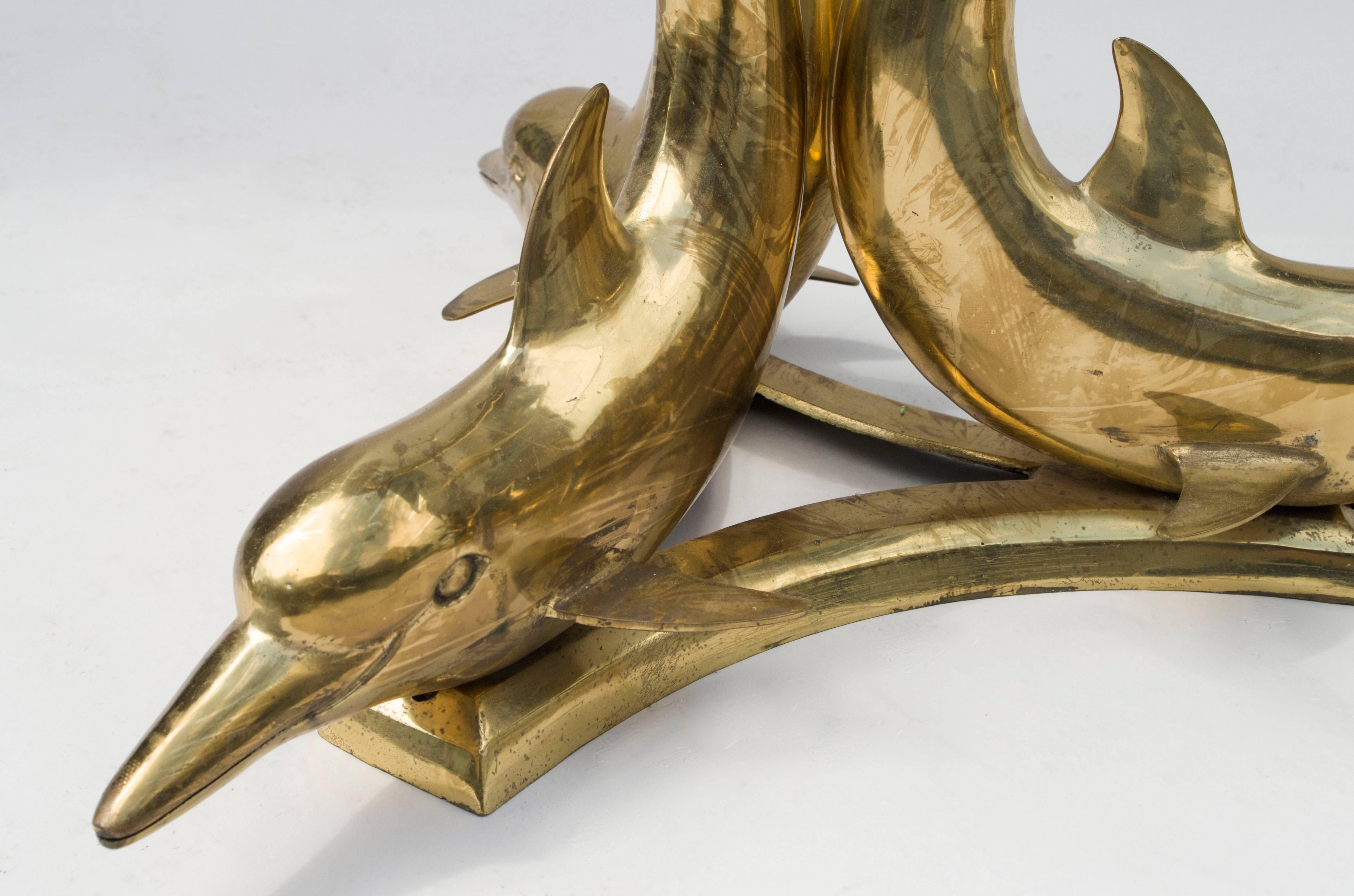European Pair of Gilt Brass Dolphin Side Tables, 1970