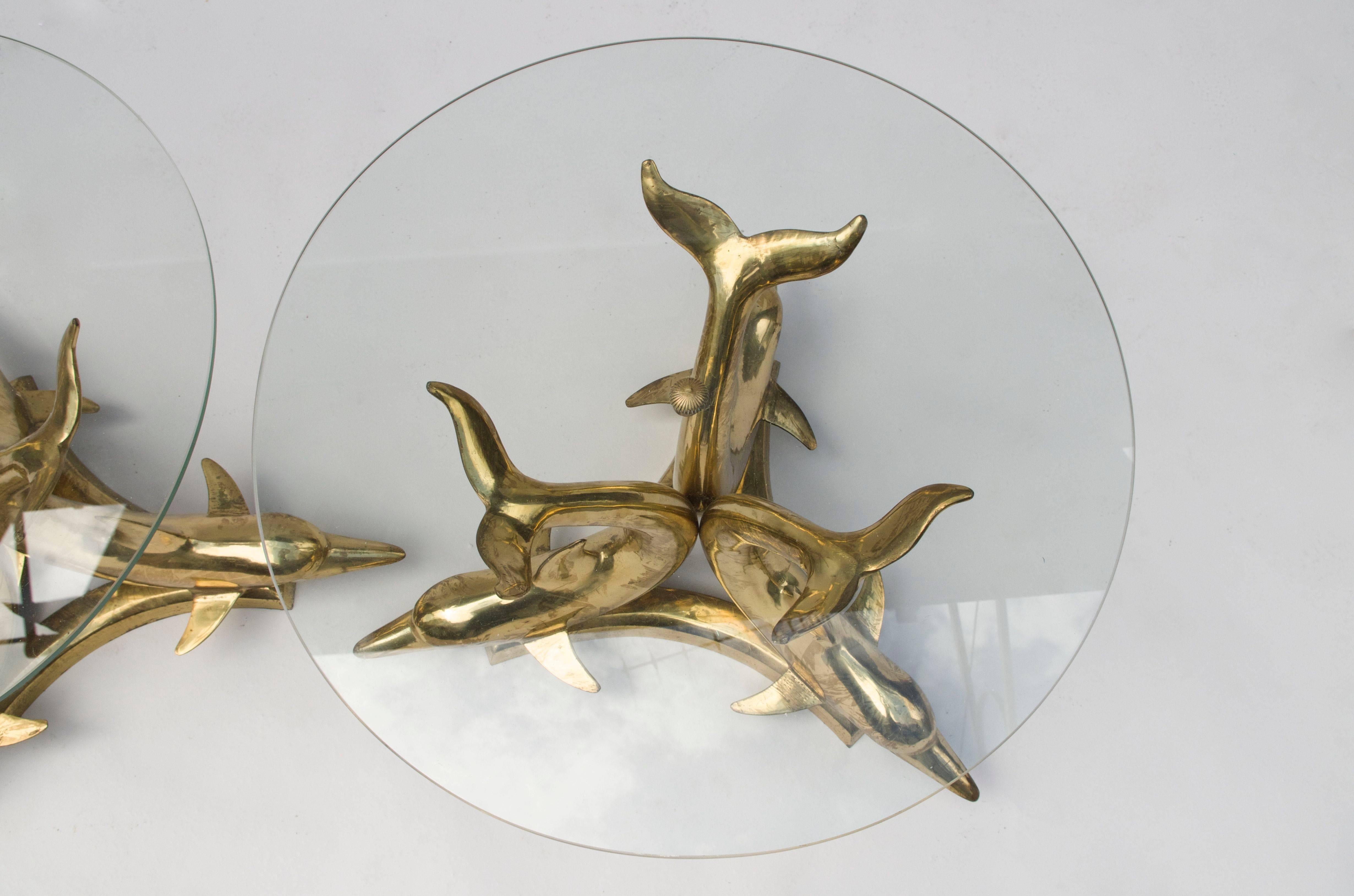 Late 20th Century Pair of Gilt Brass Dolphin Side Tables, 1970