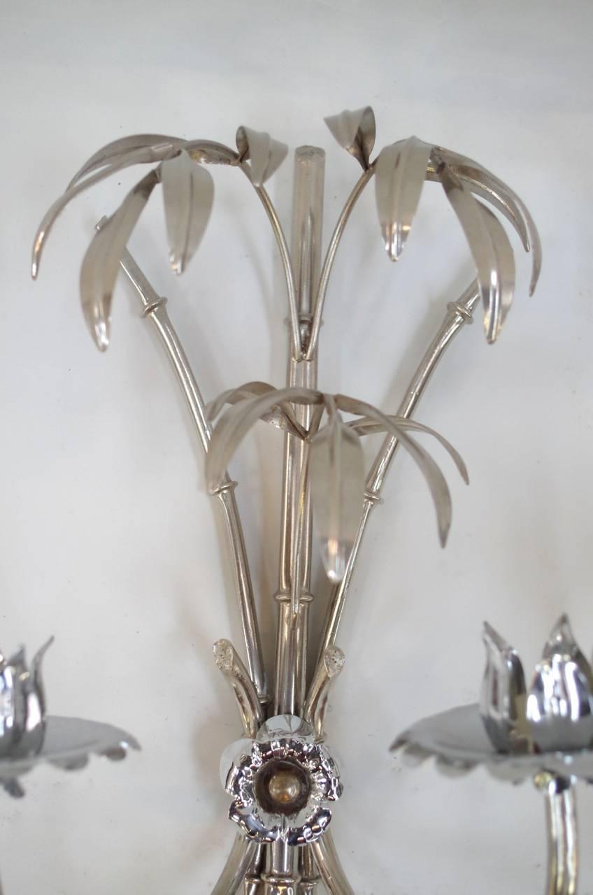 Chrome metal bamboo style wall sconces with two lights. In the style of Maison Baguès creation. Work realized circa 1970. 
Unwired.

