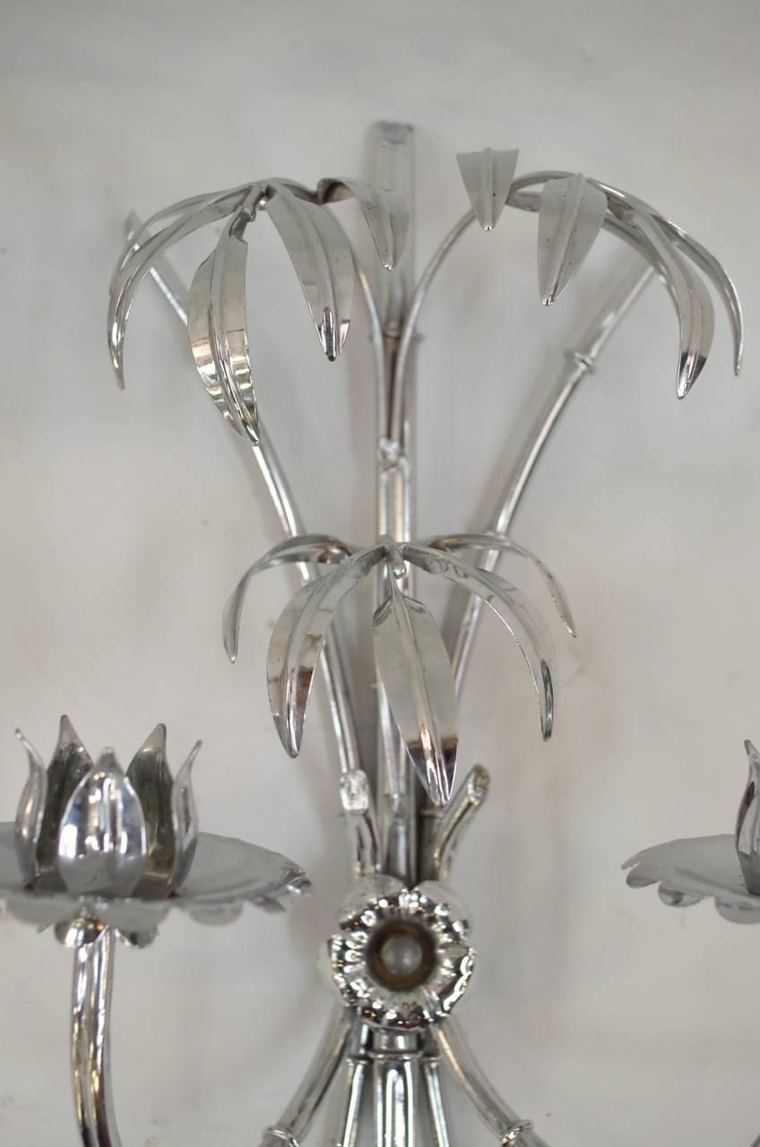 Modern Pair of Chromed Metal Palm Tree Sconces, circa 1970 For Sale