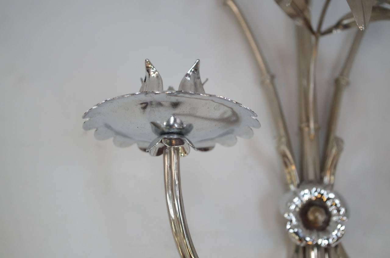 Pair of Chromed Metal Palm Tree Sconces, circa 1970 In Good Condition For Sale In Saint-Ouen, FR
