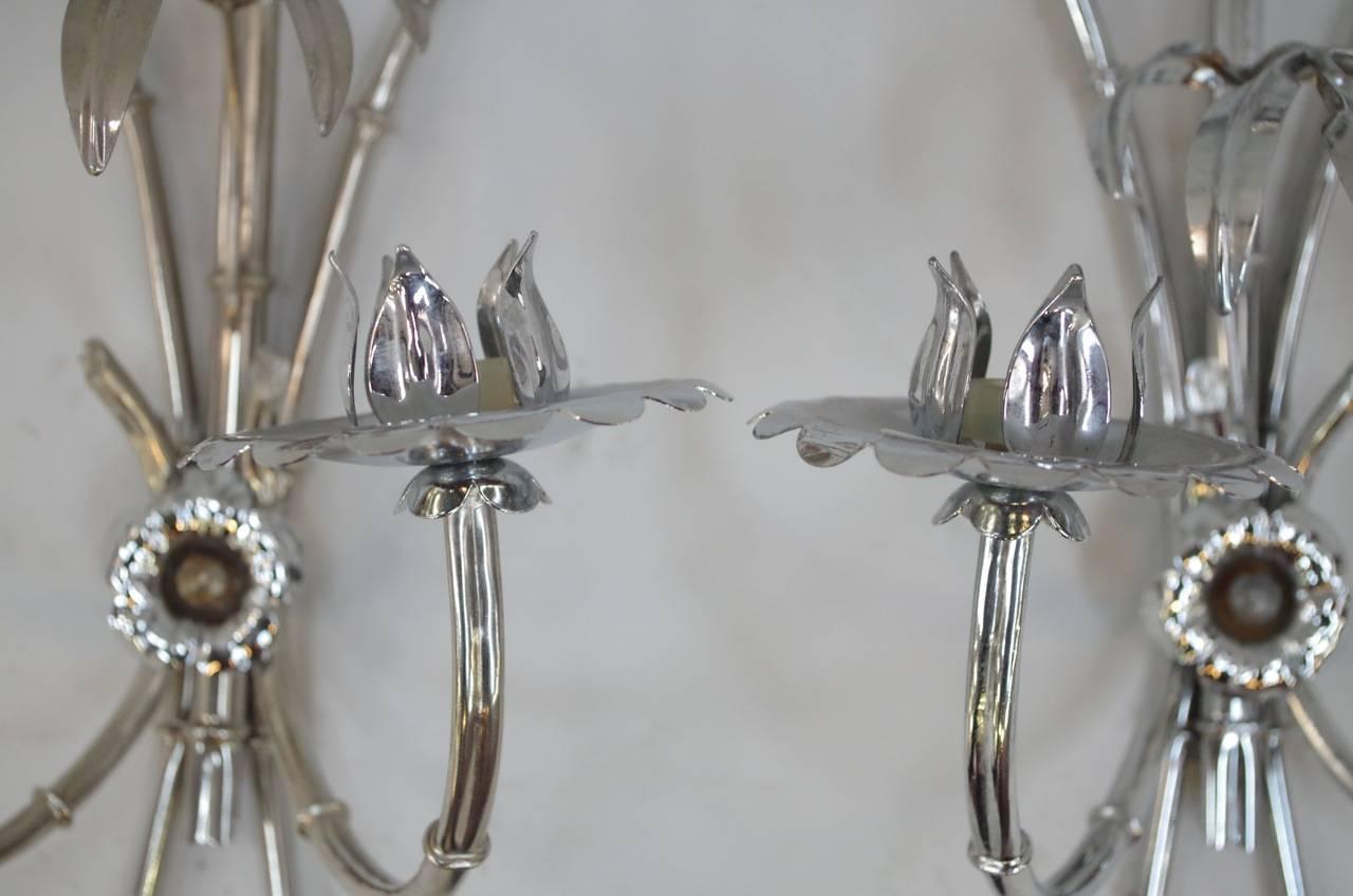 20th Century Pair of Chromed Metal Palm Tree Sconces, circa 1970 For Sale