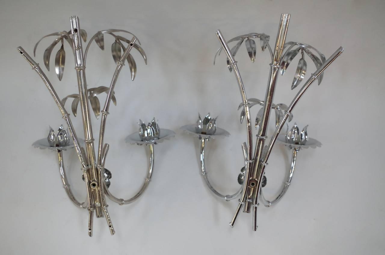Pair of Chromed Metal Palm Tree Sconces, circa 1970 For Sale 1