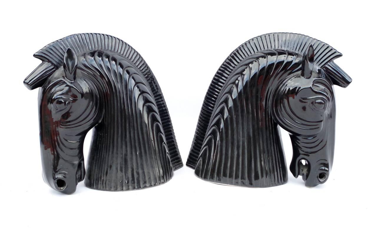 Modern Pair of Black Ceramic Horse Head, circa 1970