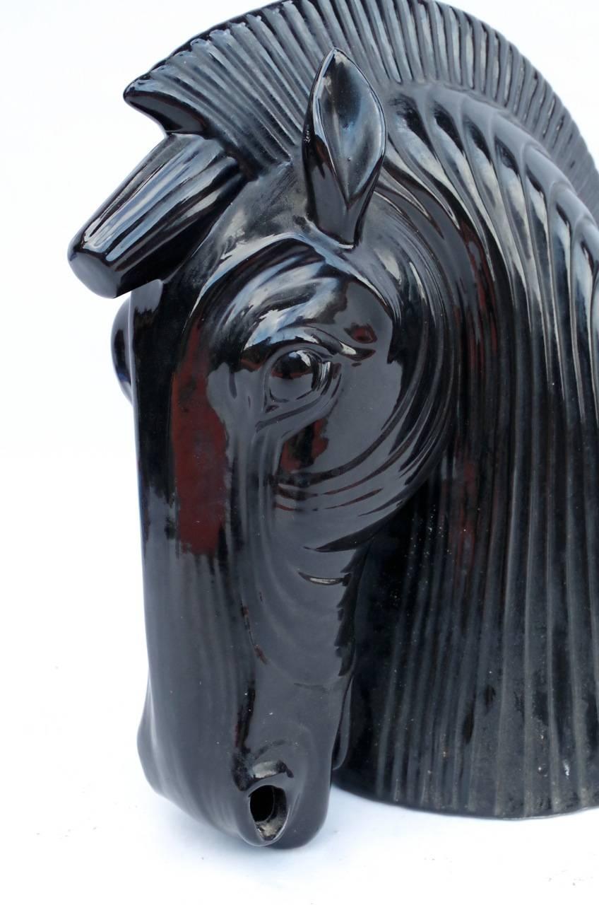 French Pair of Black Ceramic Horse Head, circa 1970