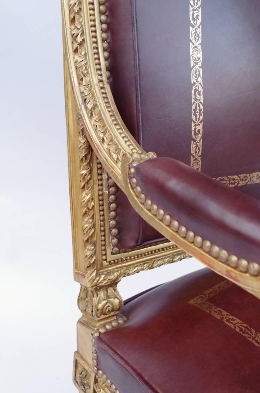 Louis XVI Style Giltwood Fauteuil À La Reine with Brown Leather, 19th Century 4