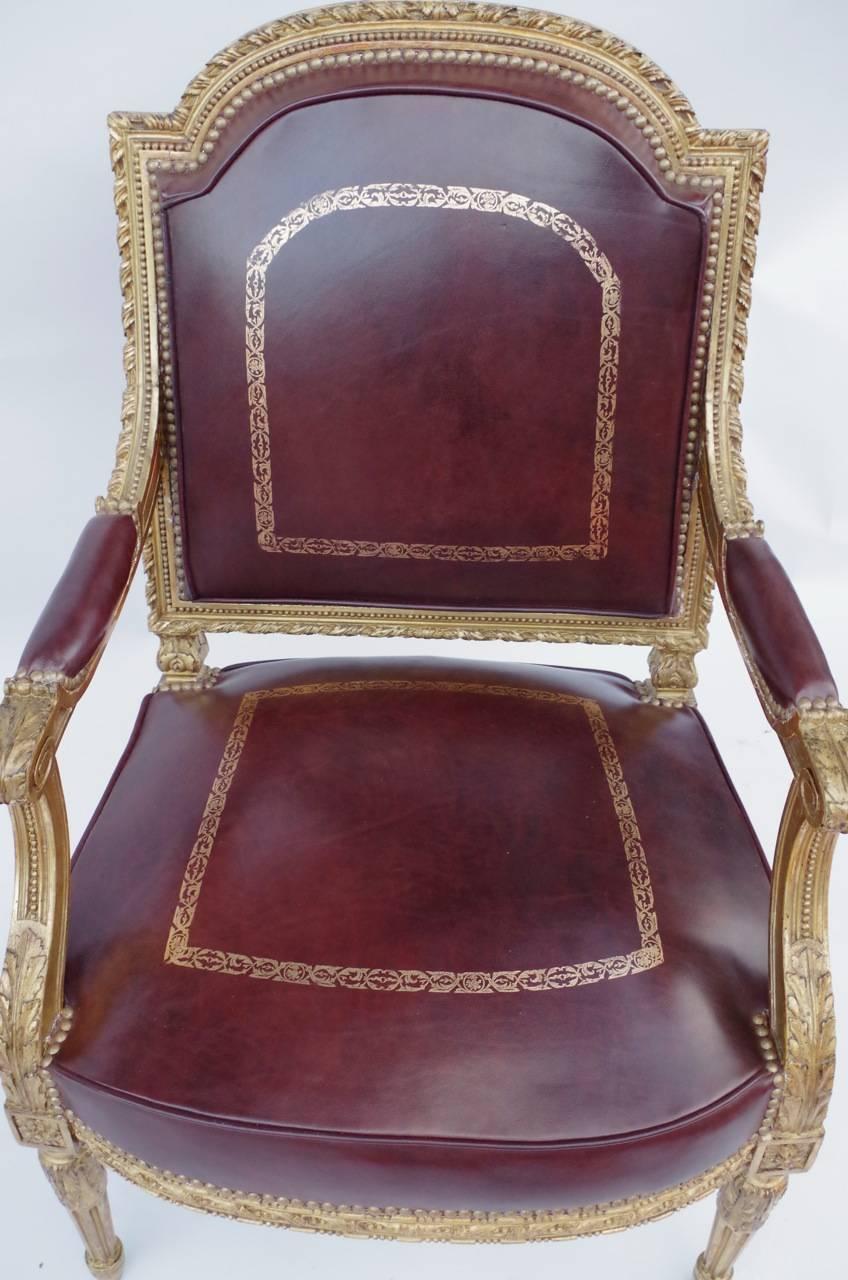 Louis XVI Style Giltwood Fauteuil À La Reine with Brown Leather, 19th Century 2