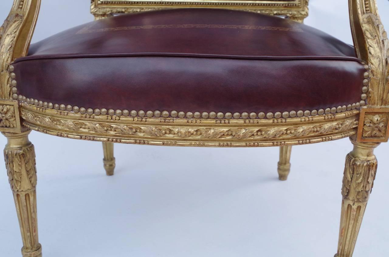 Louis XVI Style Giltwood Fauteuil À La Reine with Brown Leather, 19th Century 1