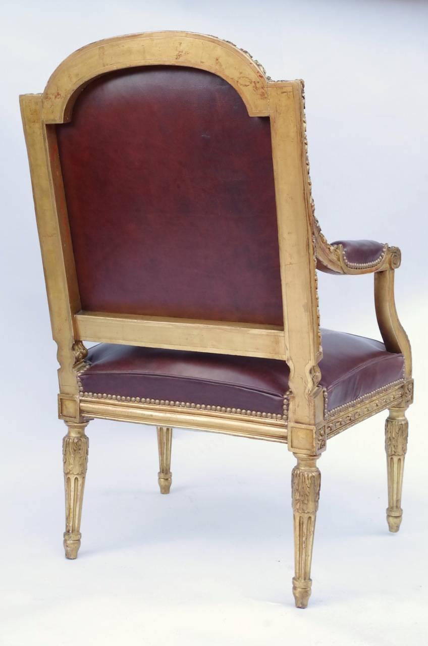 Louis XVI Style Giltwood Fauteuil À La Reine with Brown Leather, 19th Century 5