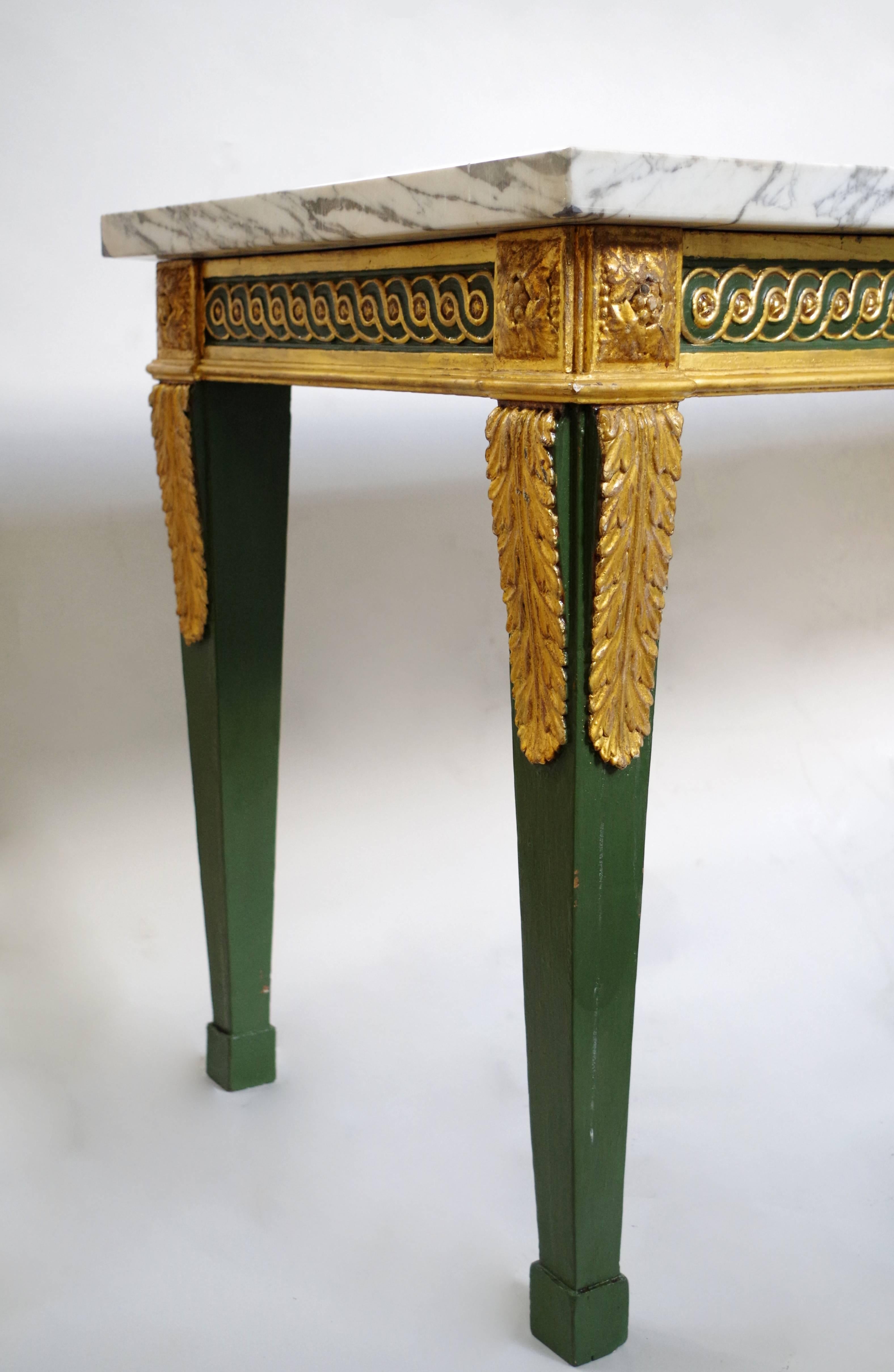 Carrara Marble Louis XVI Style Console Table in Green Lacquered and Gilded Wood, 19th Century