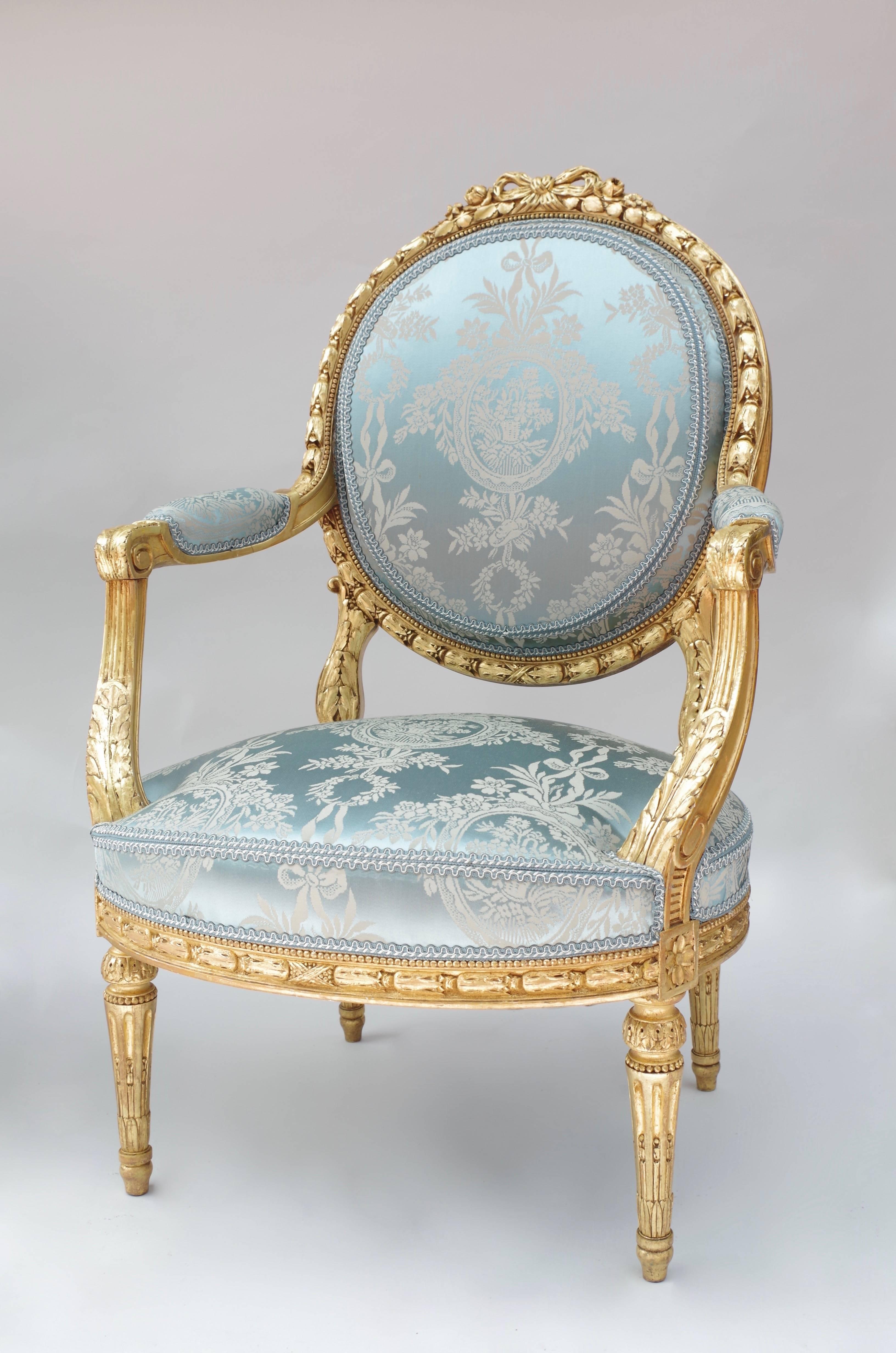 Pair of Louis XVI Style Giltwood Armchairs, Medallion Shape Backrest, circa 1880 6