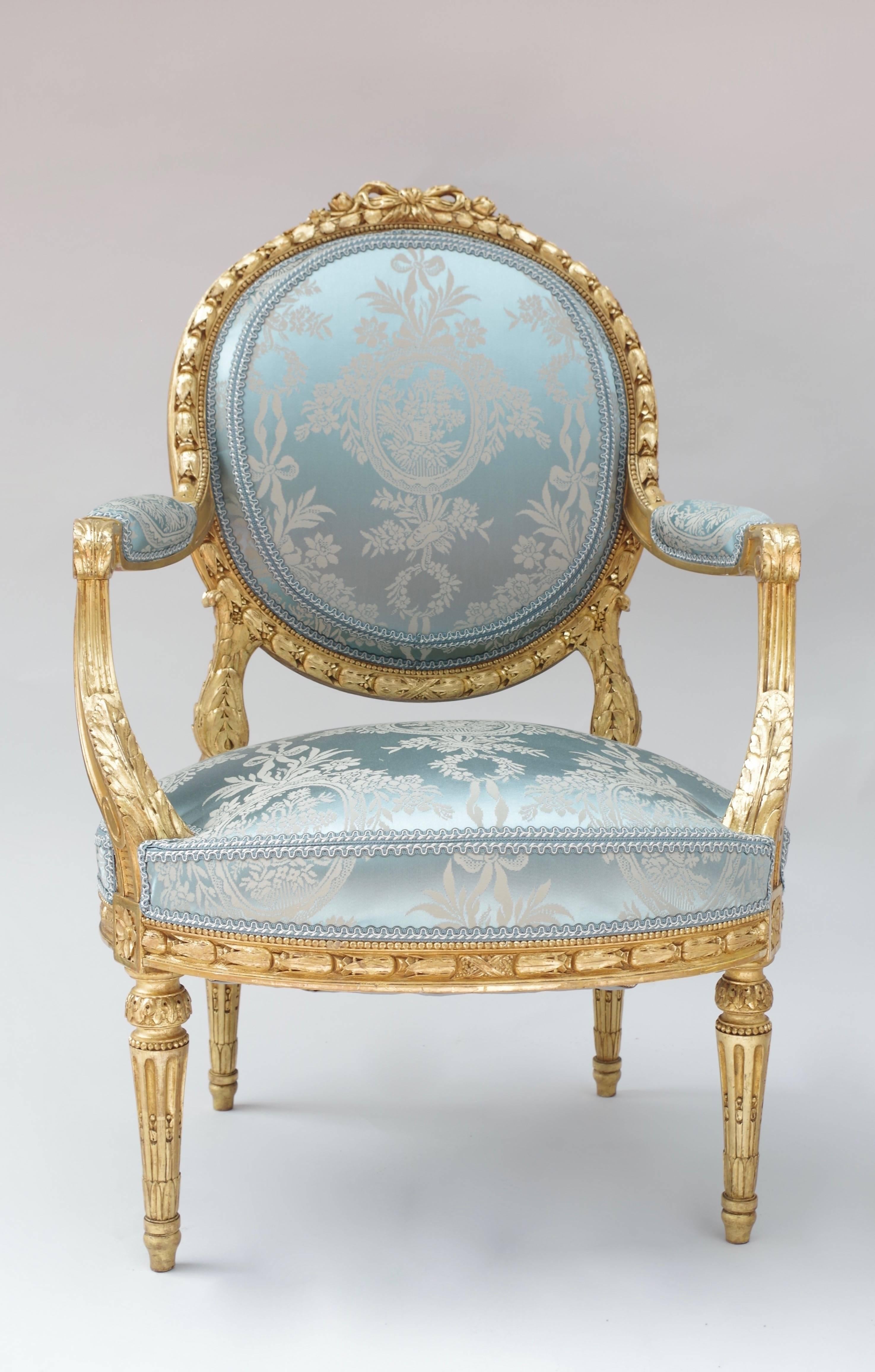 Pair of Louis XVI Style Giltwood Armchairs, Medallion Shape Backrest, circa 1880 7