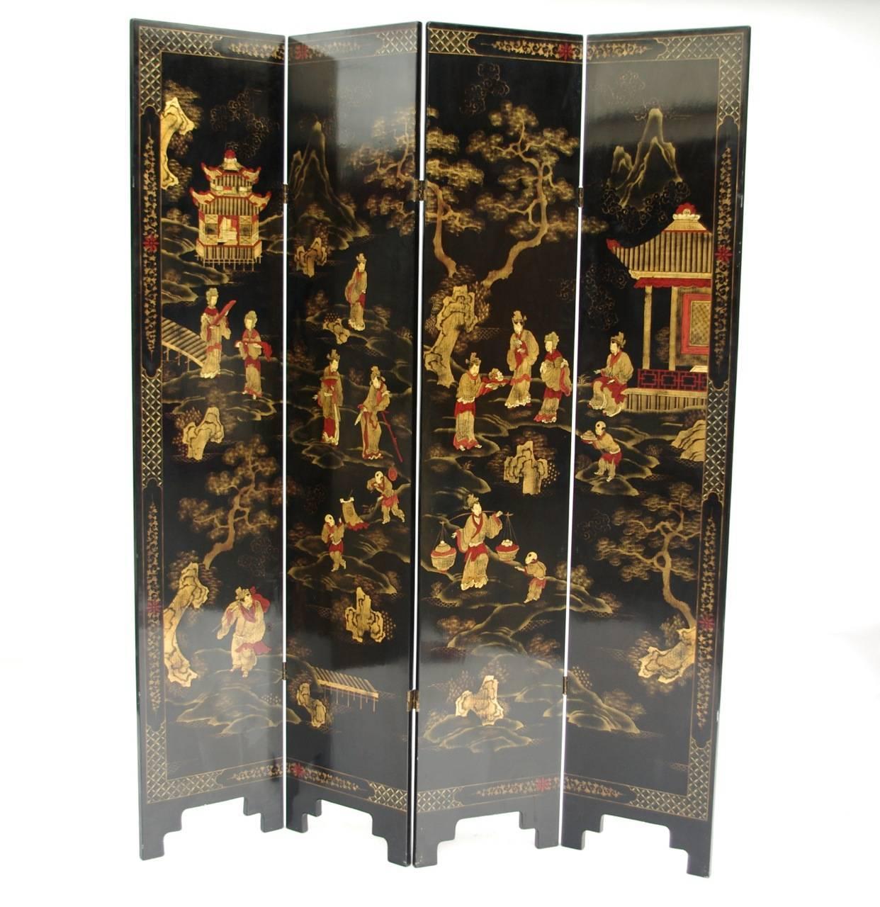 Pair of Chinese Black Lacquer Screens or Room Dividers, circa 1900 at