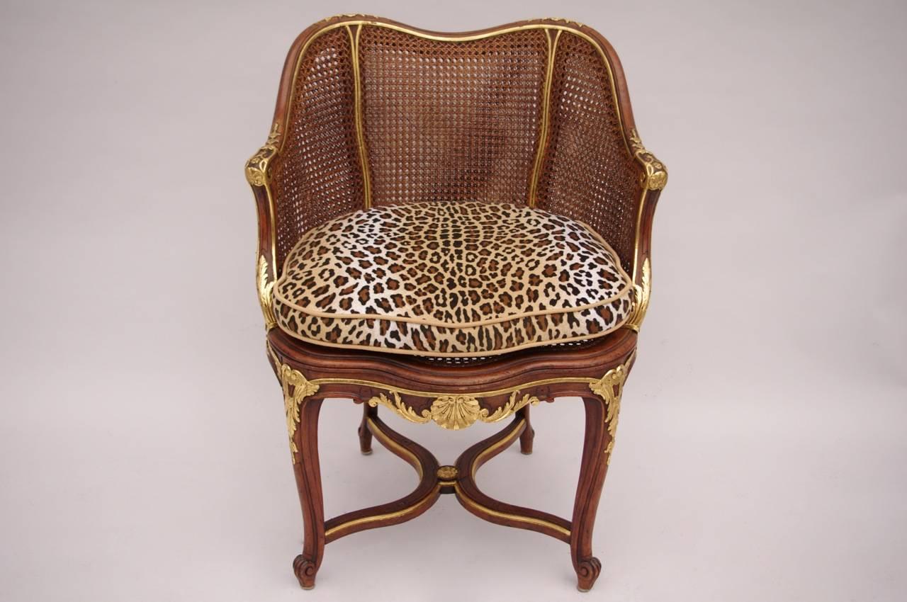 French Pair of Louis XV Style Caned Armchairs, circa 1900, with Cheetah Print