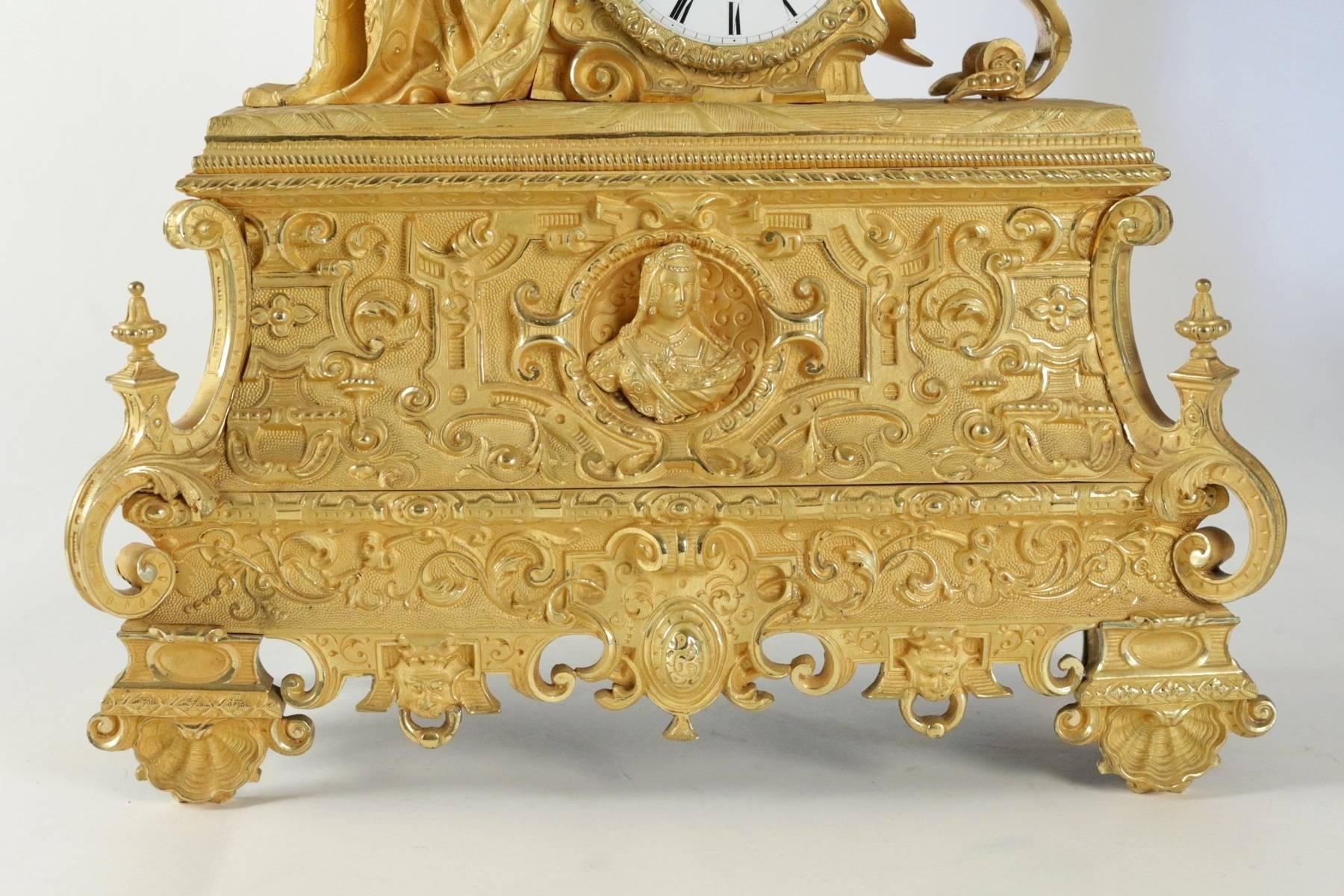 Mid-19th Century Richly Decorate Romantic Gilt and Chiseled Bronze Mantle Clock, circa 1830