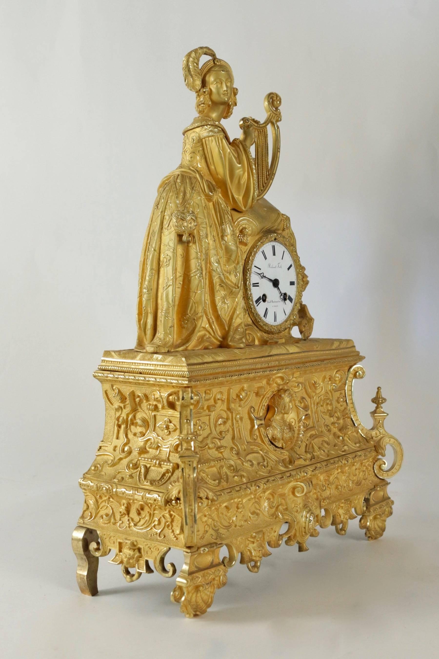 Richly Decorate Romantic Gilt and Chiseled Bronze Mantle Clock, circa 1830 4