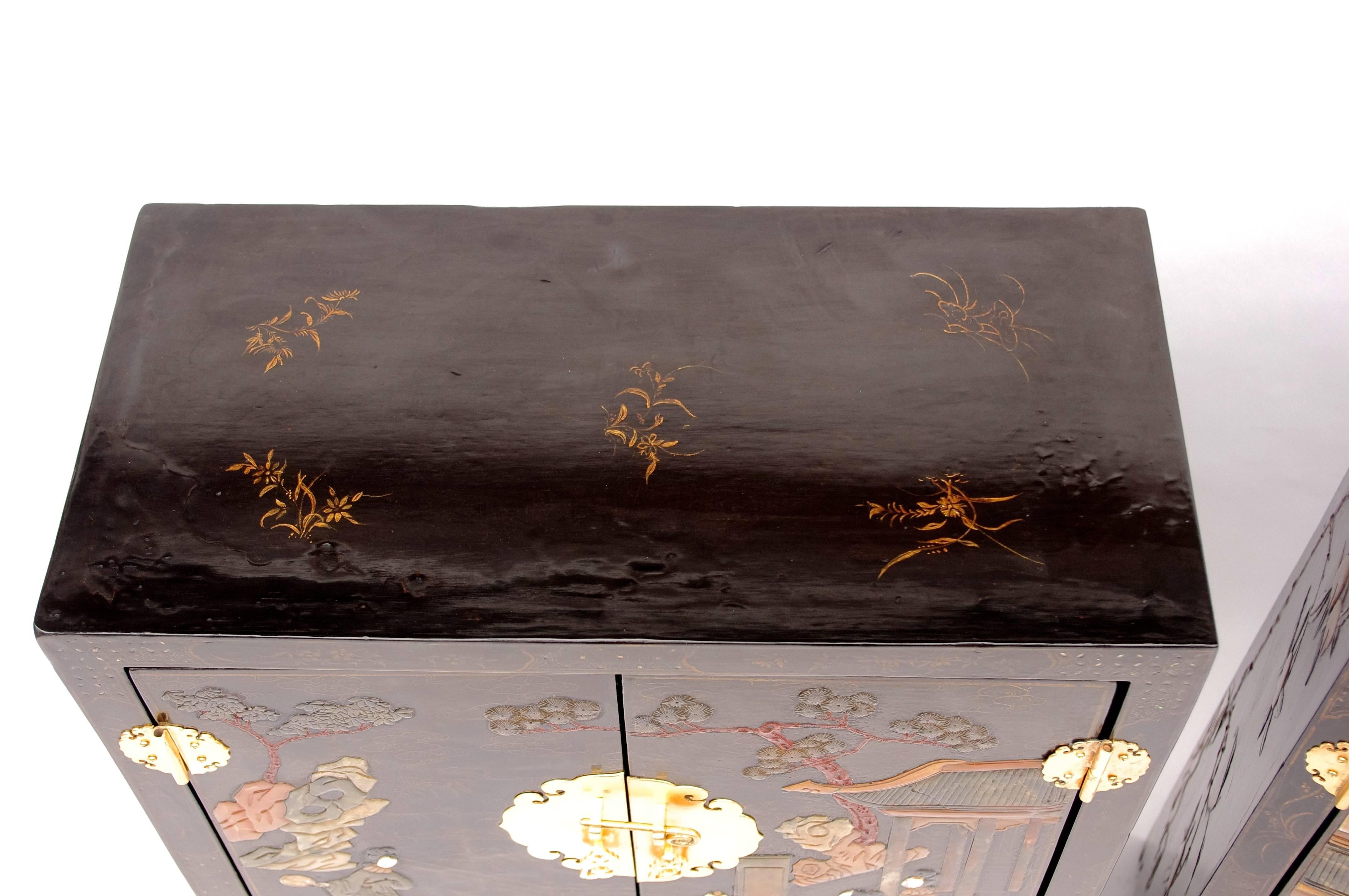 Chinese Pair of Lacquered Nightstands with Hard Stones Inlays, circa 1900