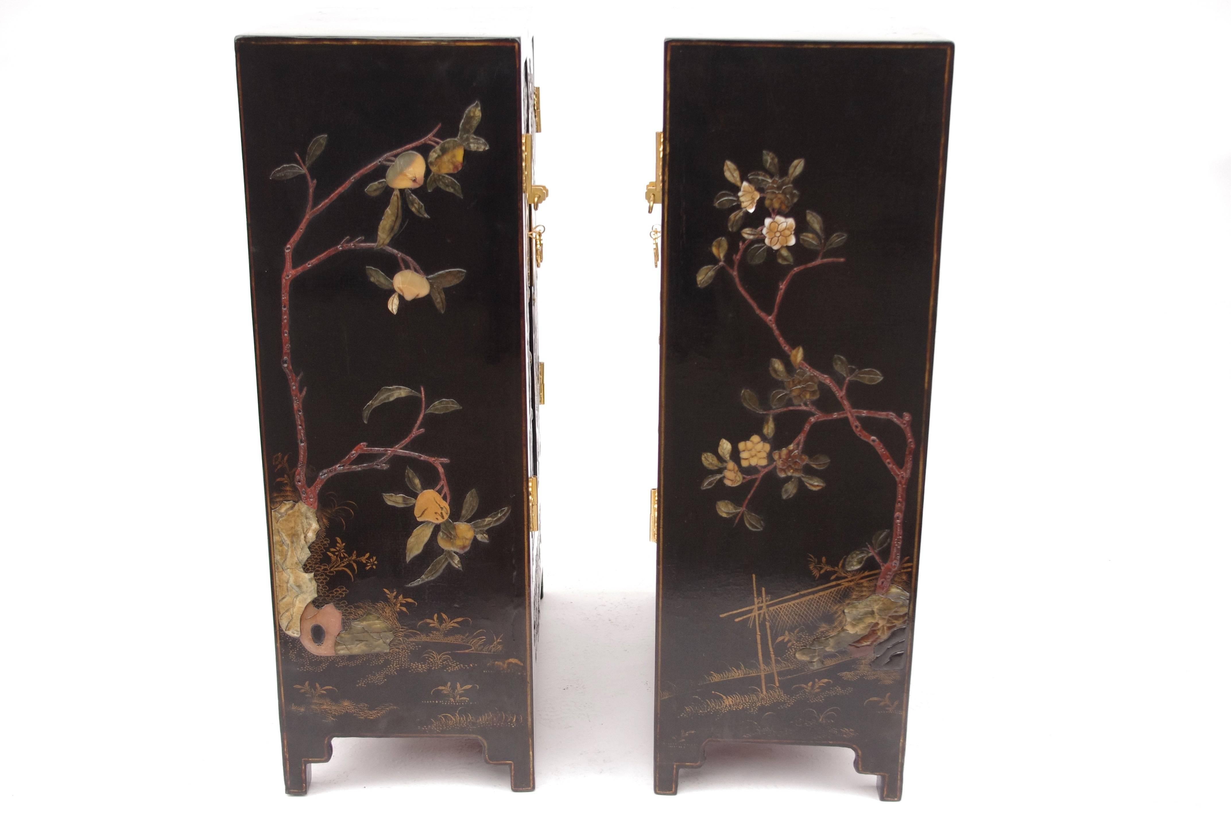 Pair of Lacquered Nightstands with Hard Stones Inlays, circa 1900 1