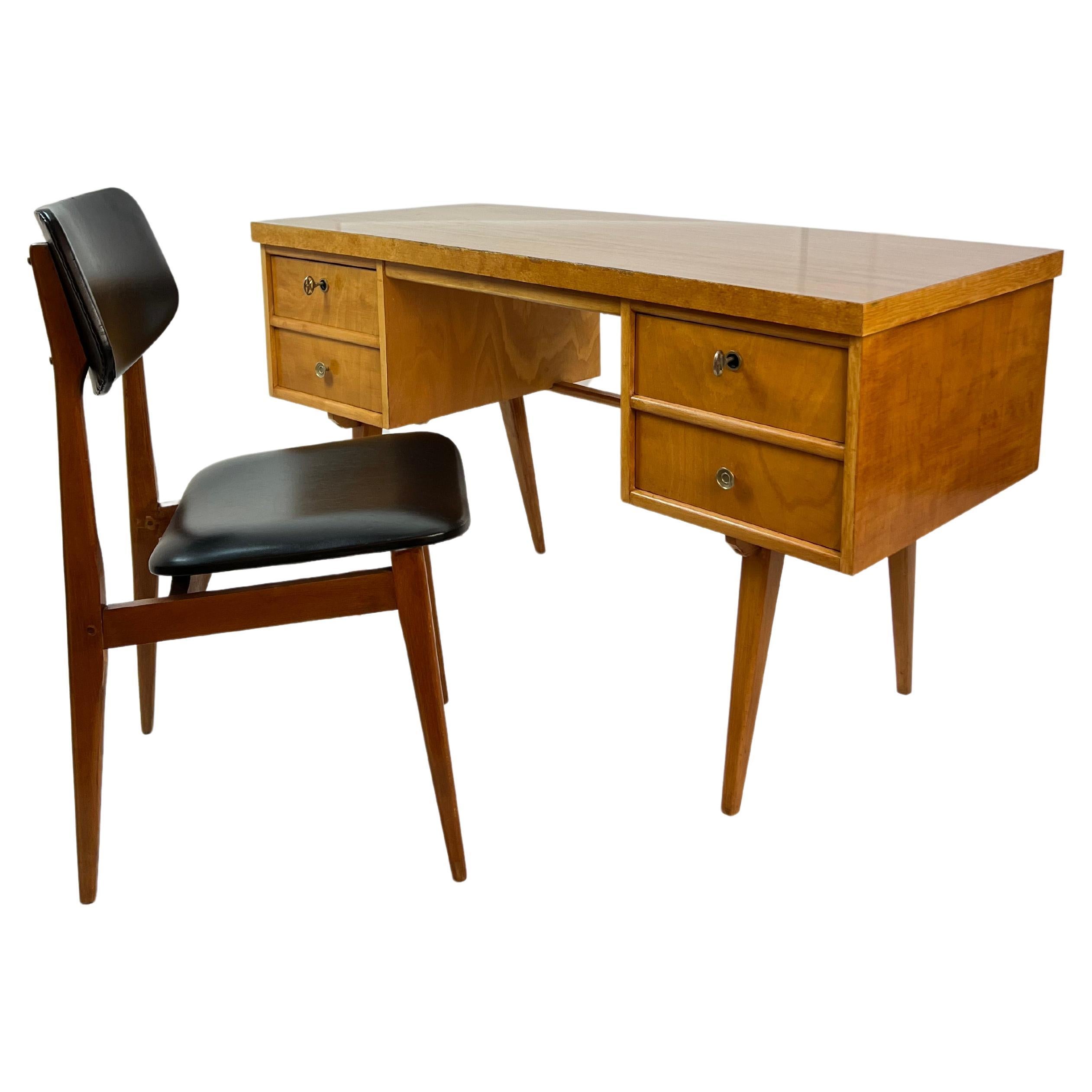 Mid-Century Solid Beech & Veneer Desk & Chair Set, Germany c.1960's For Sale