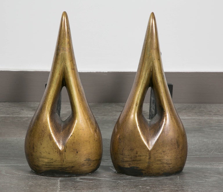 Pair of firedogs with stylized flames in bronze.
Great design,
circa 1960.