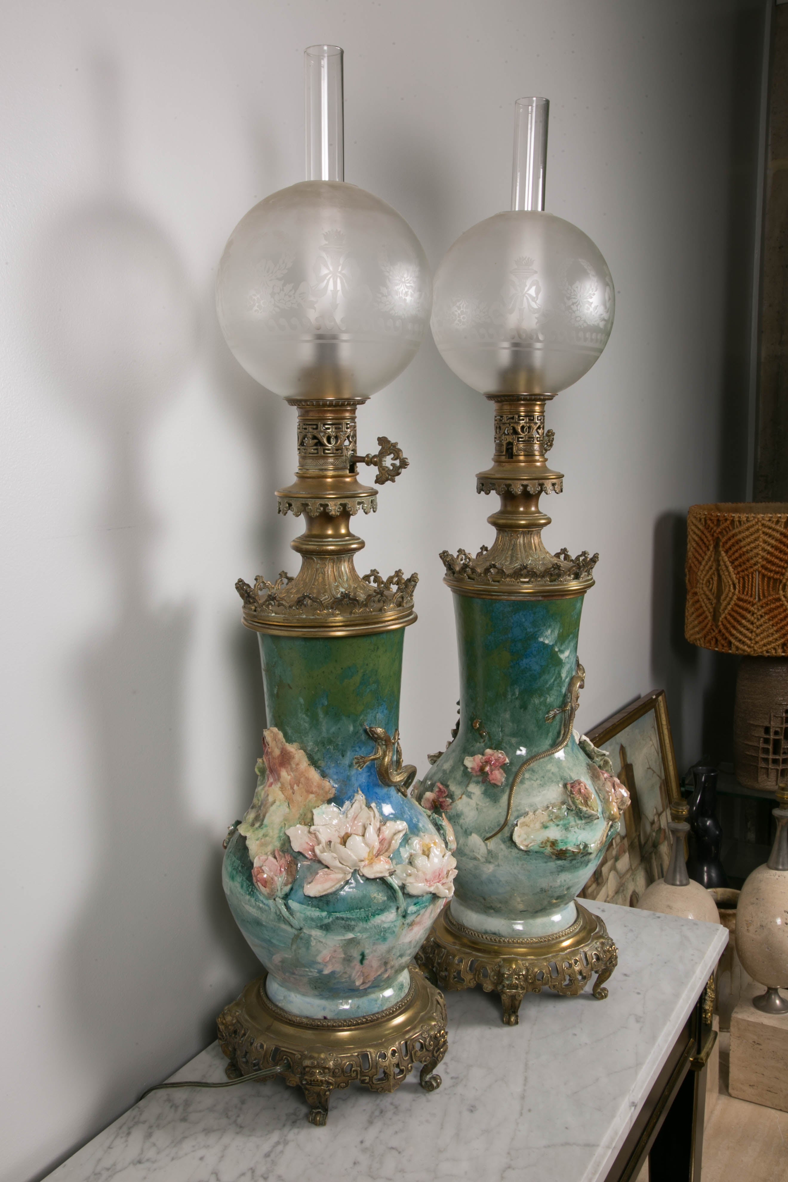 Exceptional Pair of Lamps by Felix Lafond for Gien For Sale 4