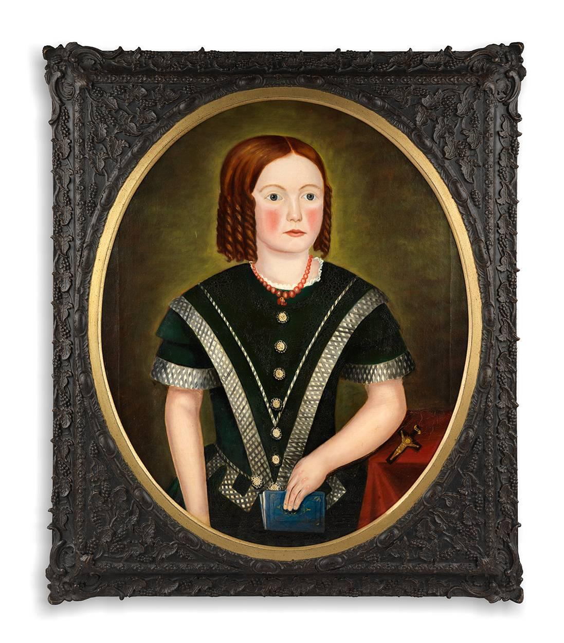 Oils on Canvas, Retaining the Original Decorative,
Painted Wood and Gesso Frames
C.1840
Graphically powerful and important large scale naive family folk art portraits, depicting a mother, her son and daughter. 
These three companion works are