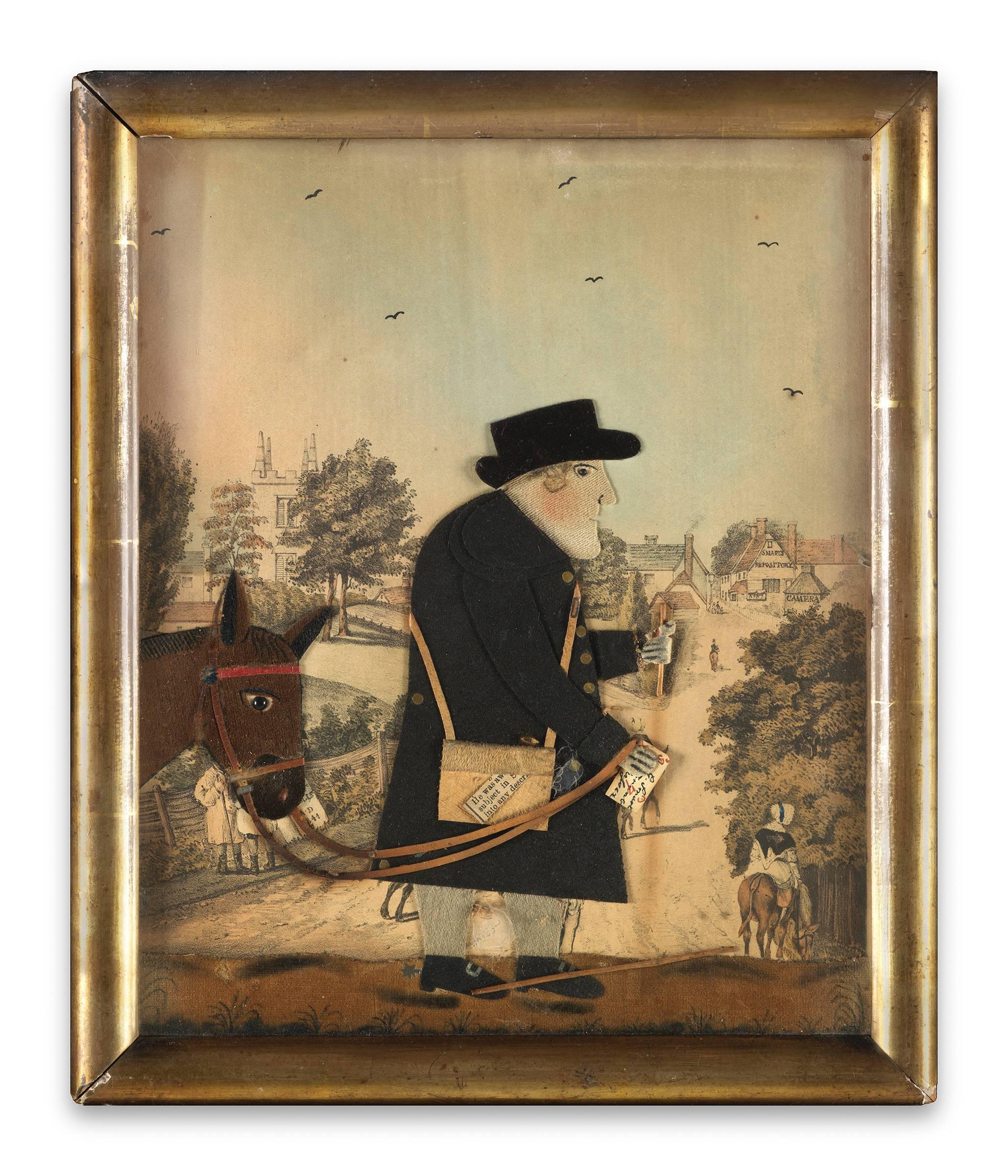 “Old Bright the Postman” and “The Goosewoman”
Fabric Collage on Printed and Hand Painted Paper Background
Complete with Smart’s Trade Label to Verso
Within Original Gilt Frames
English, Frant, Nr Tunbridge Wells, c.1840
11.5” high x 9.5” wide