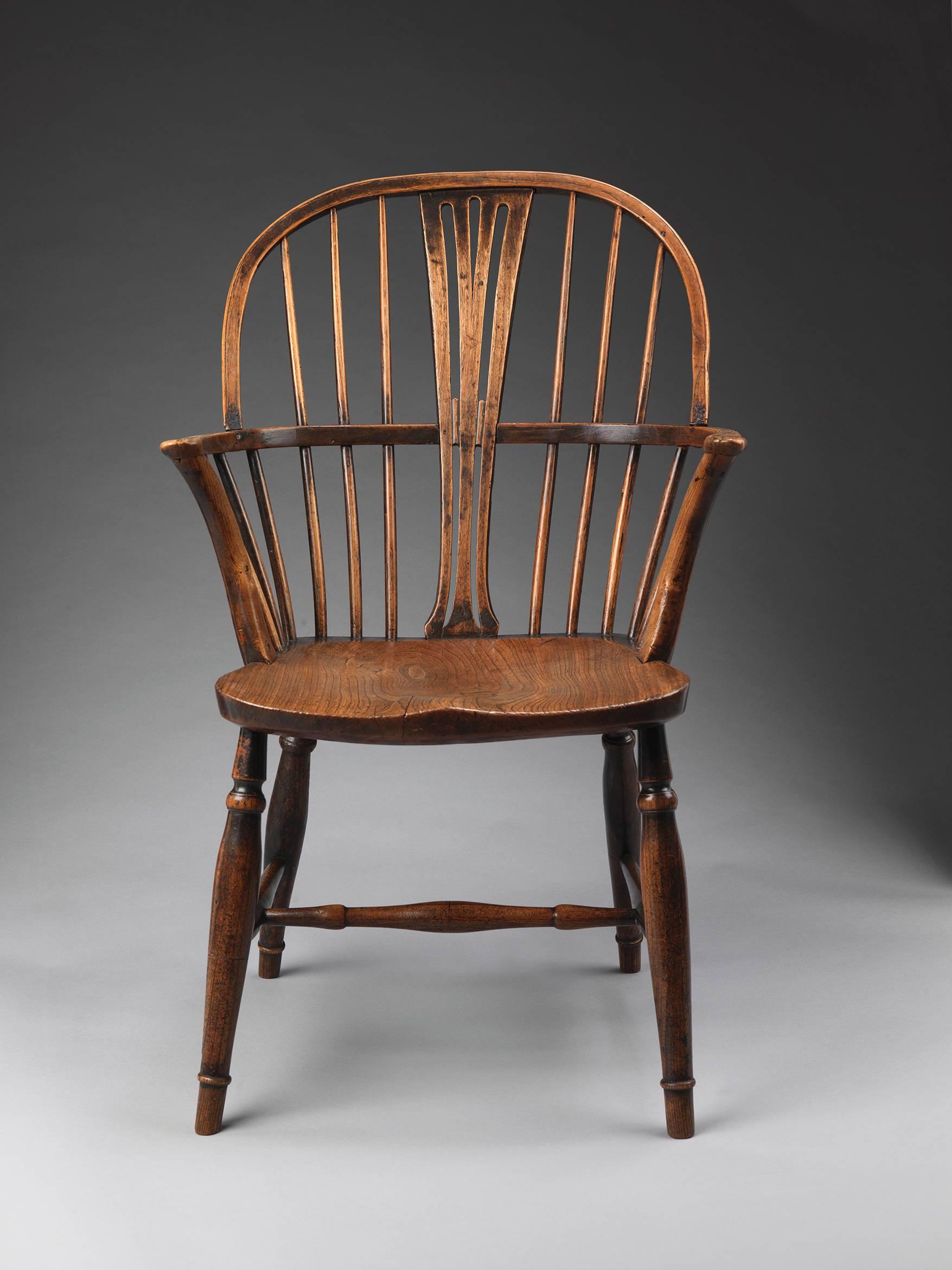 With elegant stylized wheatsheaf splat
ash and elm with original color and surface,
English, Suffolk, c.1820
35