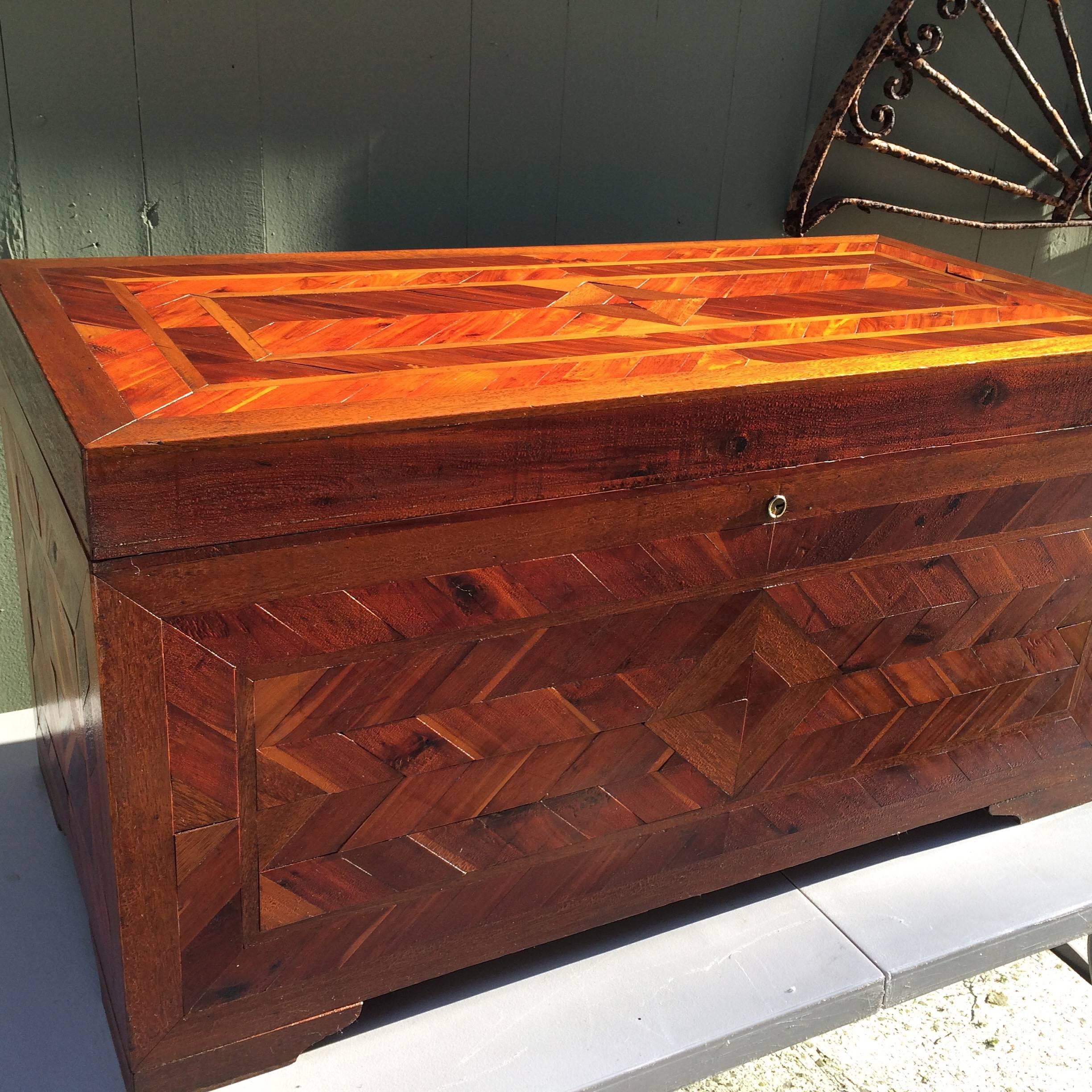 Folk Art Huge Primitive Inlaid Parquetry Blanket Chest